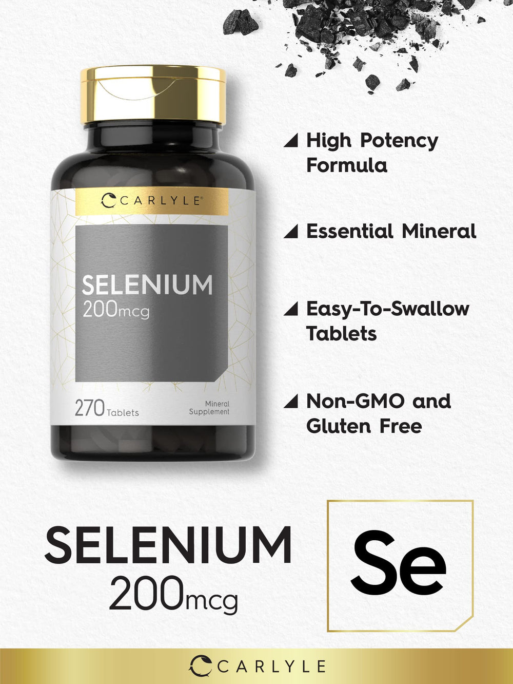 Carlyle selenium label bottle highlights gluten-free, non-GMO ingredients