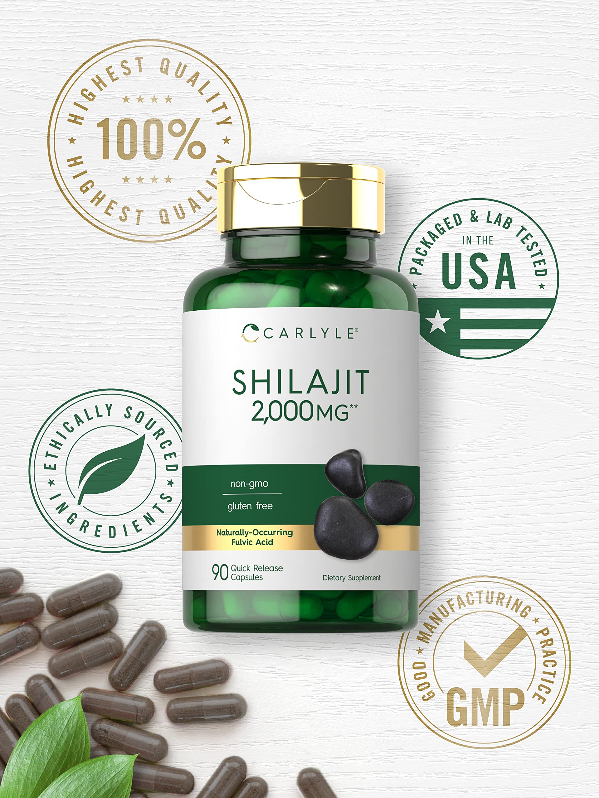Packaging of Carlyle Shilajit Capsules shows 90-count bottle for long-term use