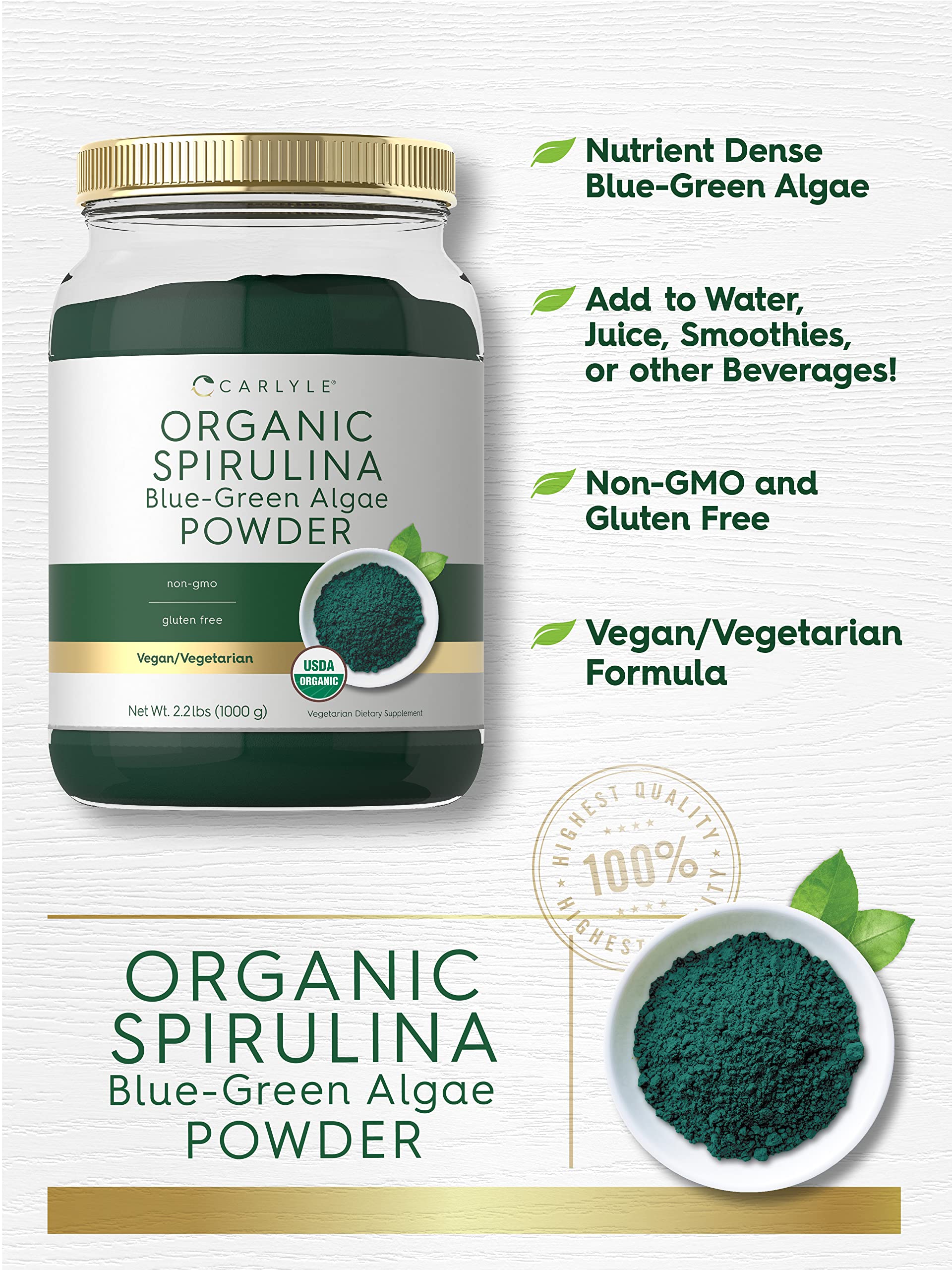 Carlyle spirulina powder bottle label highlighting organic, non-GMO quality.