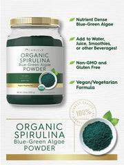 Carlyle spirulina powder bottle label highlighting organic, non-GMO quality.