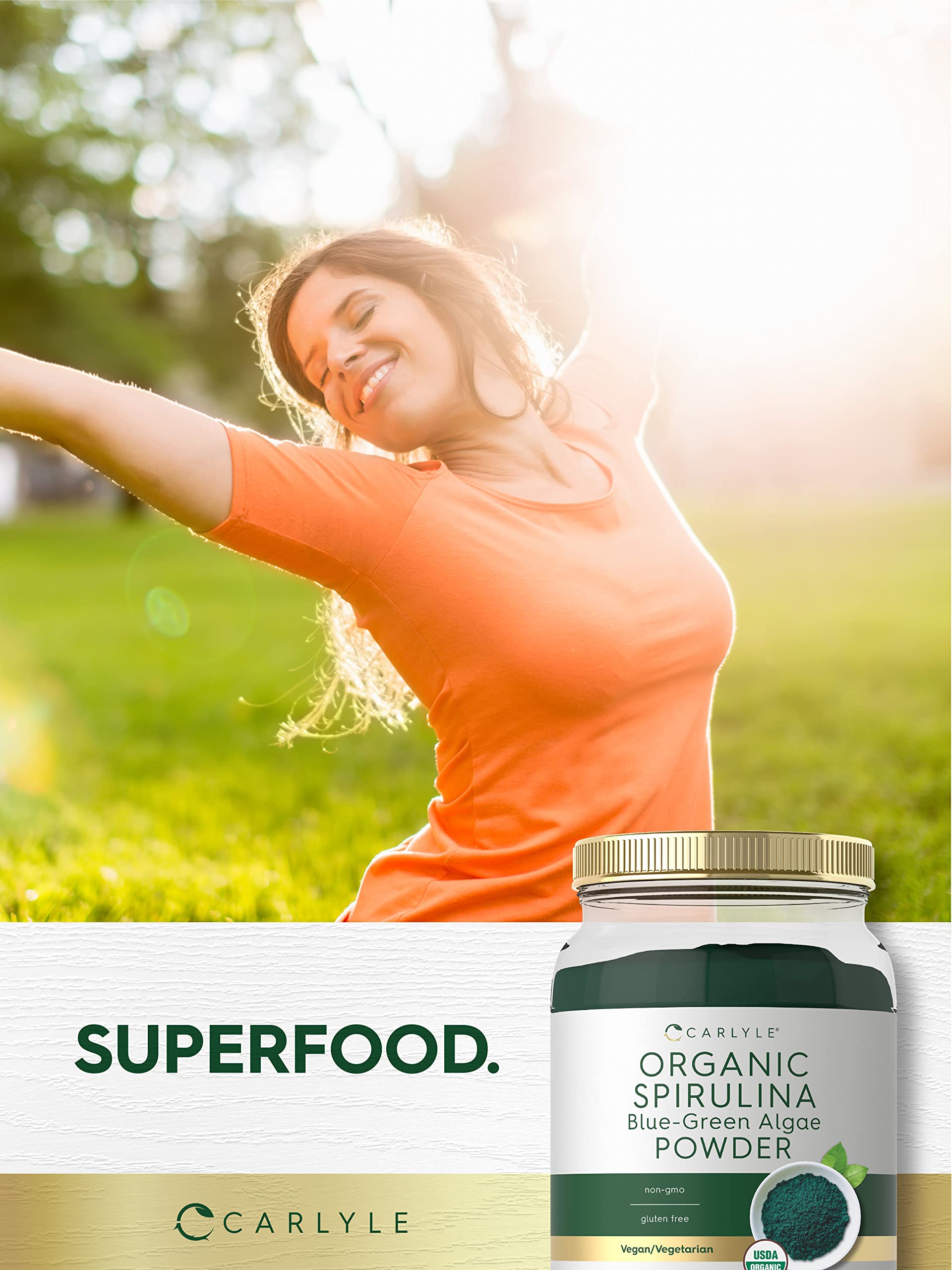 Nutrition facts on Carlyle spirulina powder packaging for transparency.
