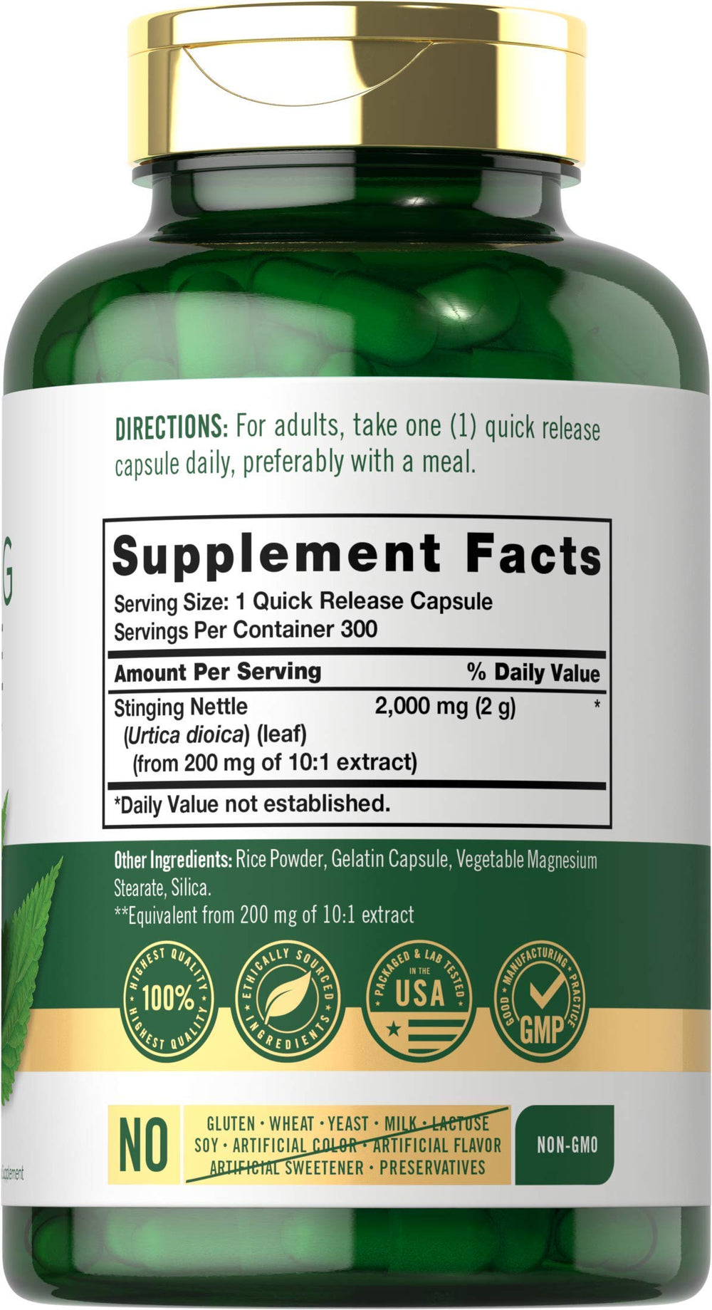Carlyle nettle leaf capsules on label showing 2000 mg per serving.