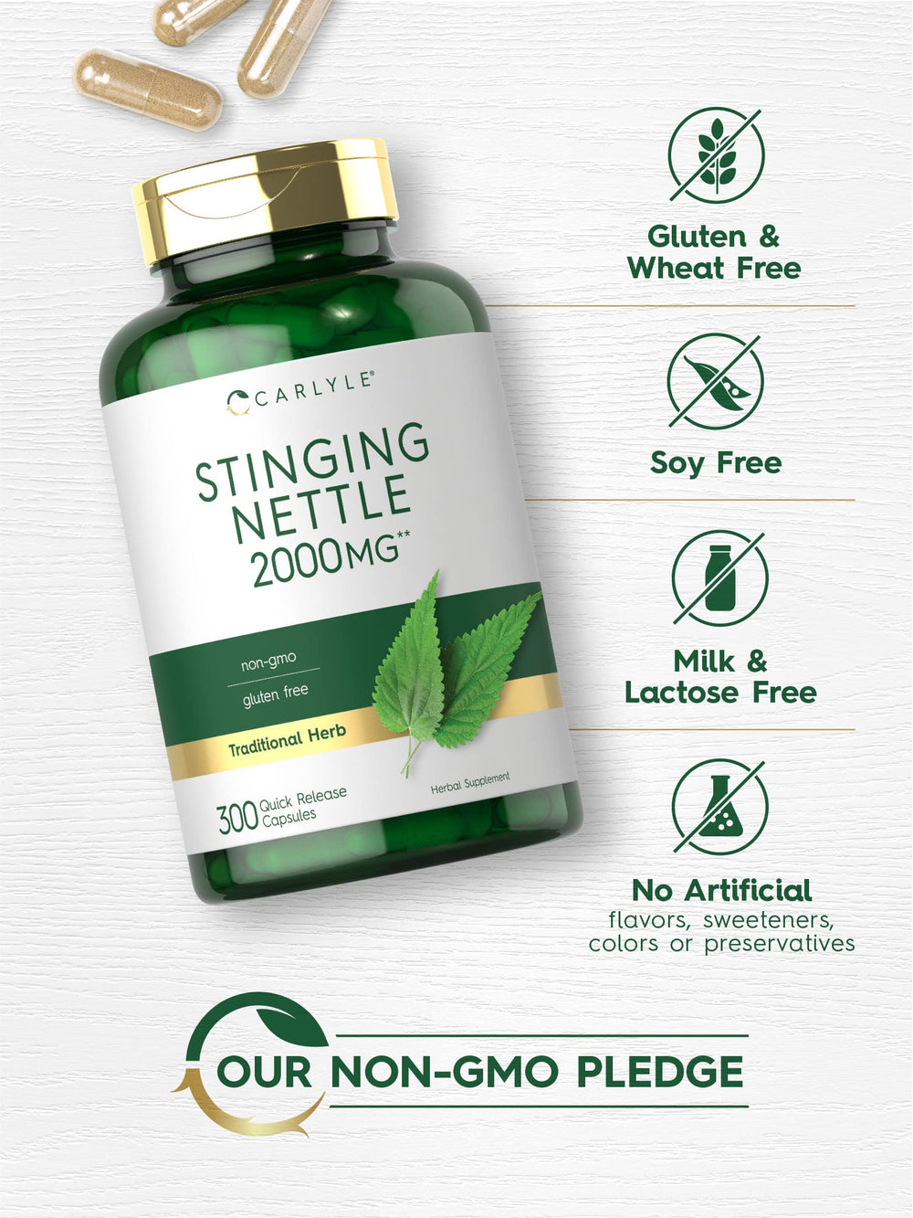 Gluten-free Carlyle nettle extract packaging appeals to dietary needs.