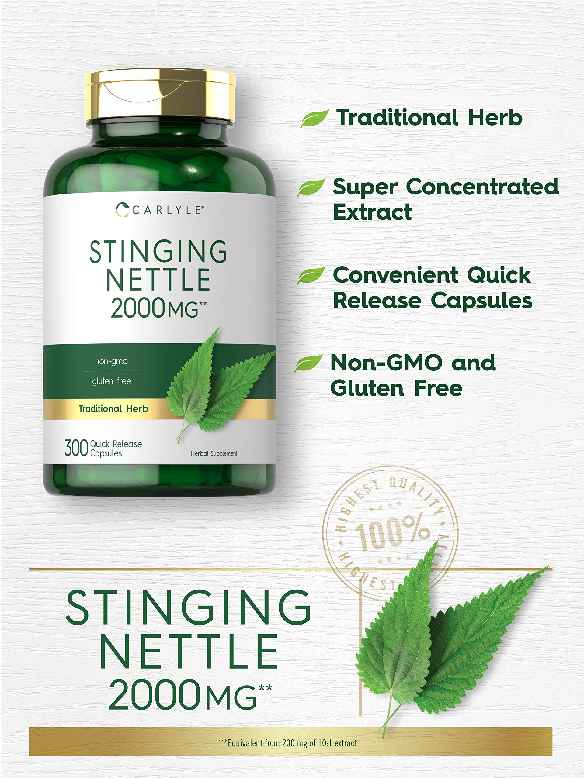 Ingredients panel of Carlyle nettle extract highlighting premium quality.