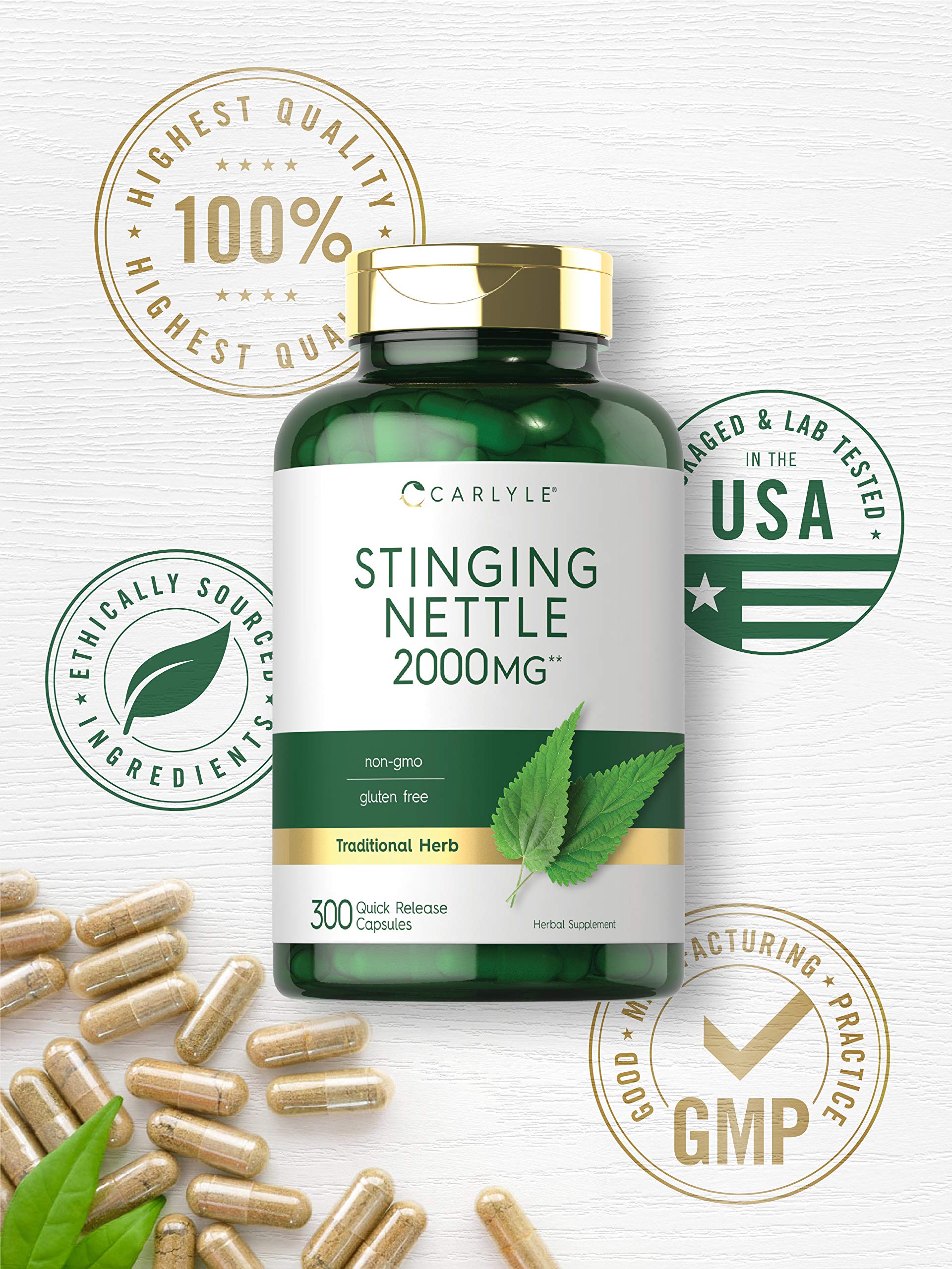 Non-GMO Carlyle stinging nettle capsules with no artificial flavors.