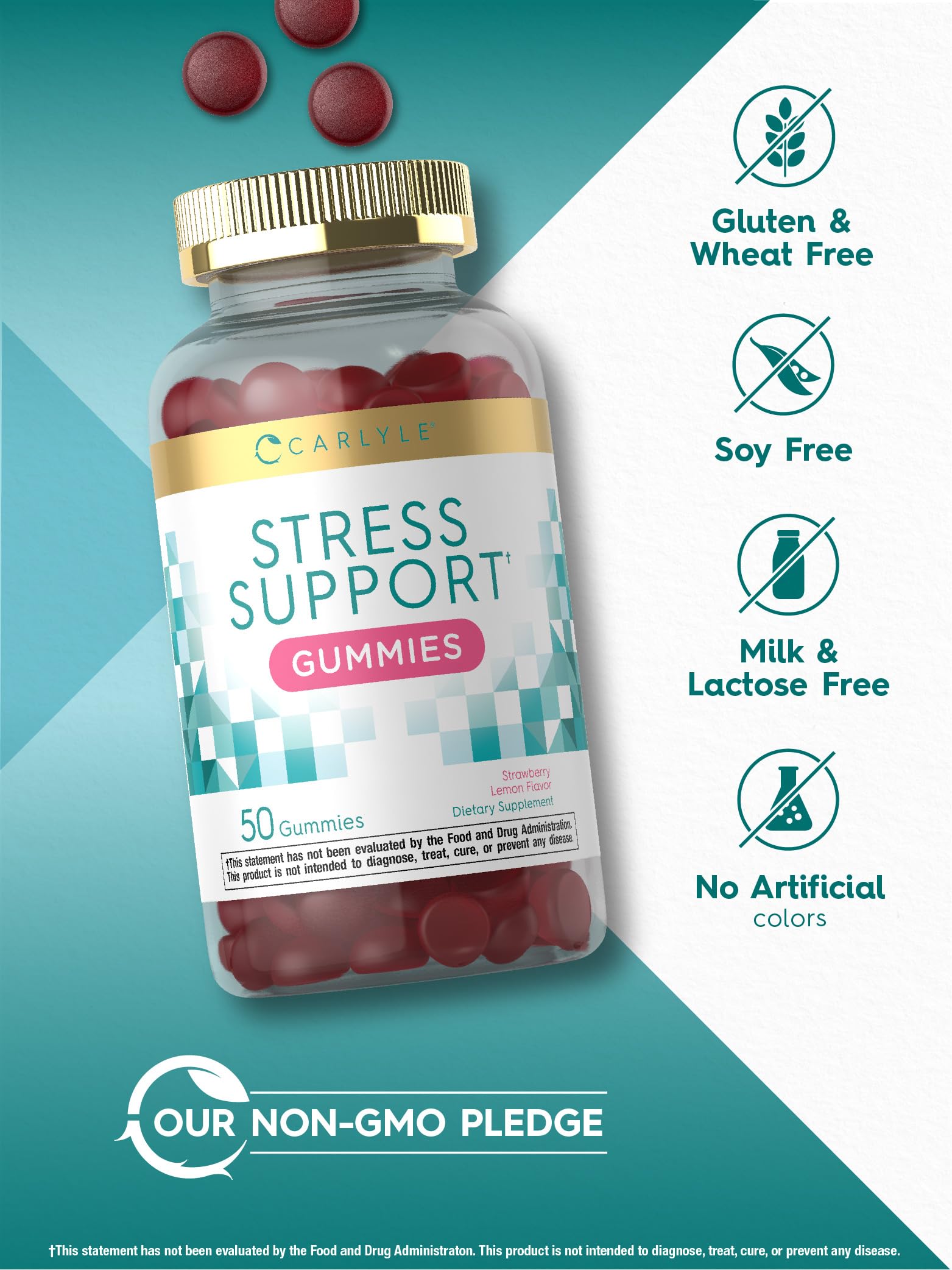 Carlyle Stress Support label highlights gluten-free and non-GMO formulation.