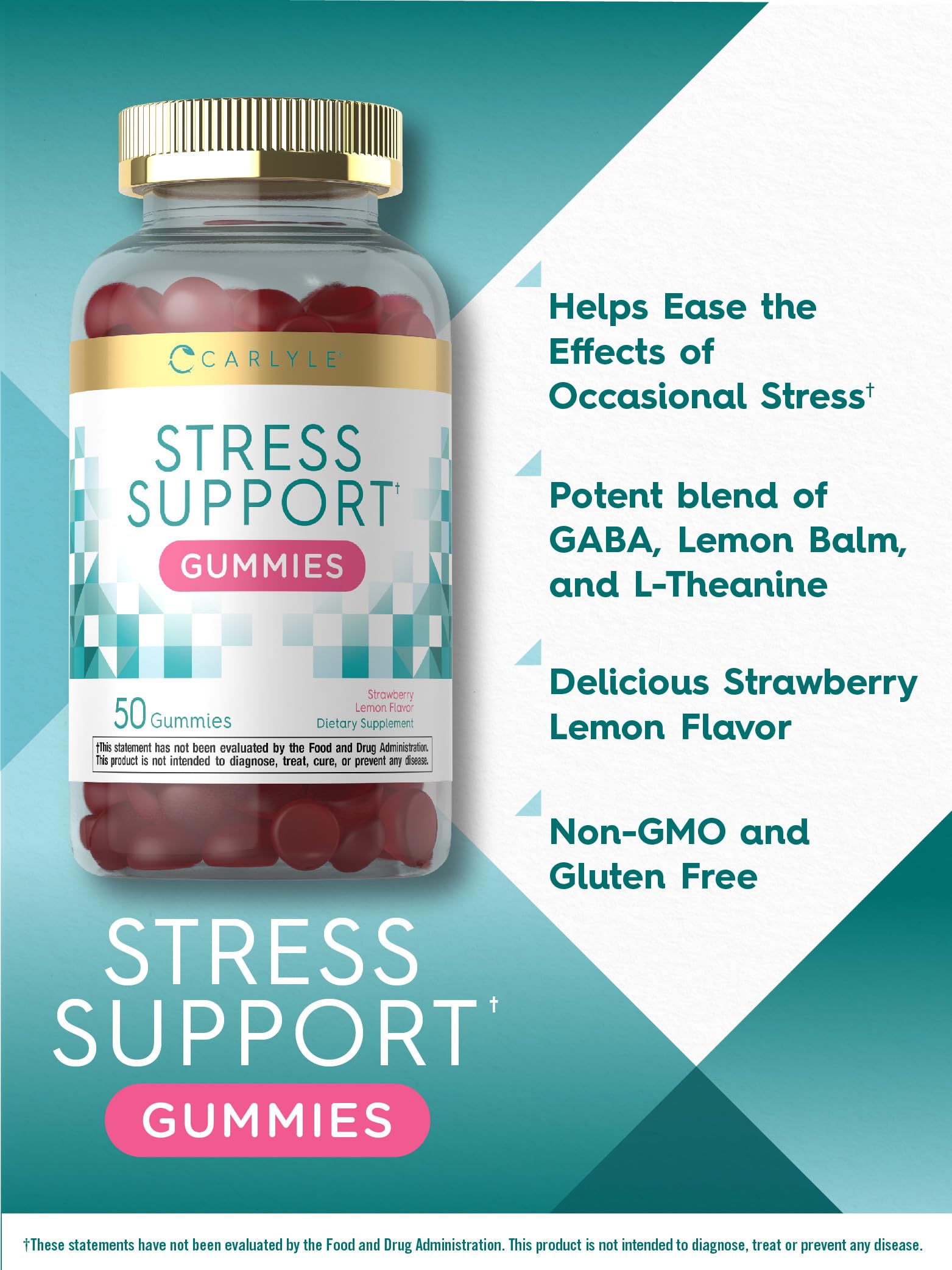 Graphic featuring Carlyle ingredients GABA and L-Theanine for occasional stress support.