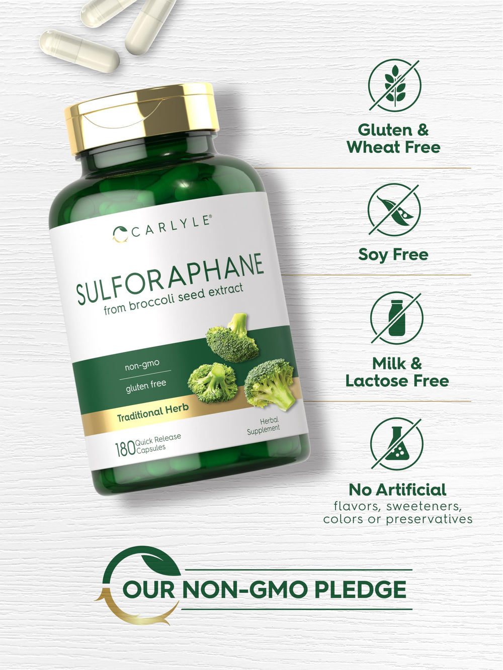 180-count Carlyle Sulforaphane bottle resting on a clean surface