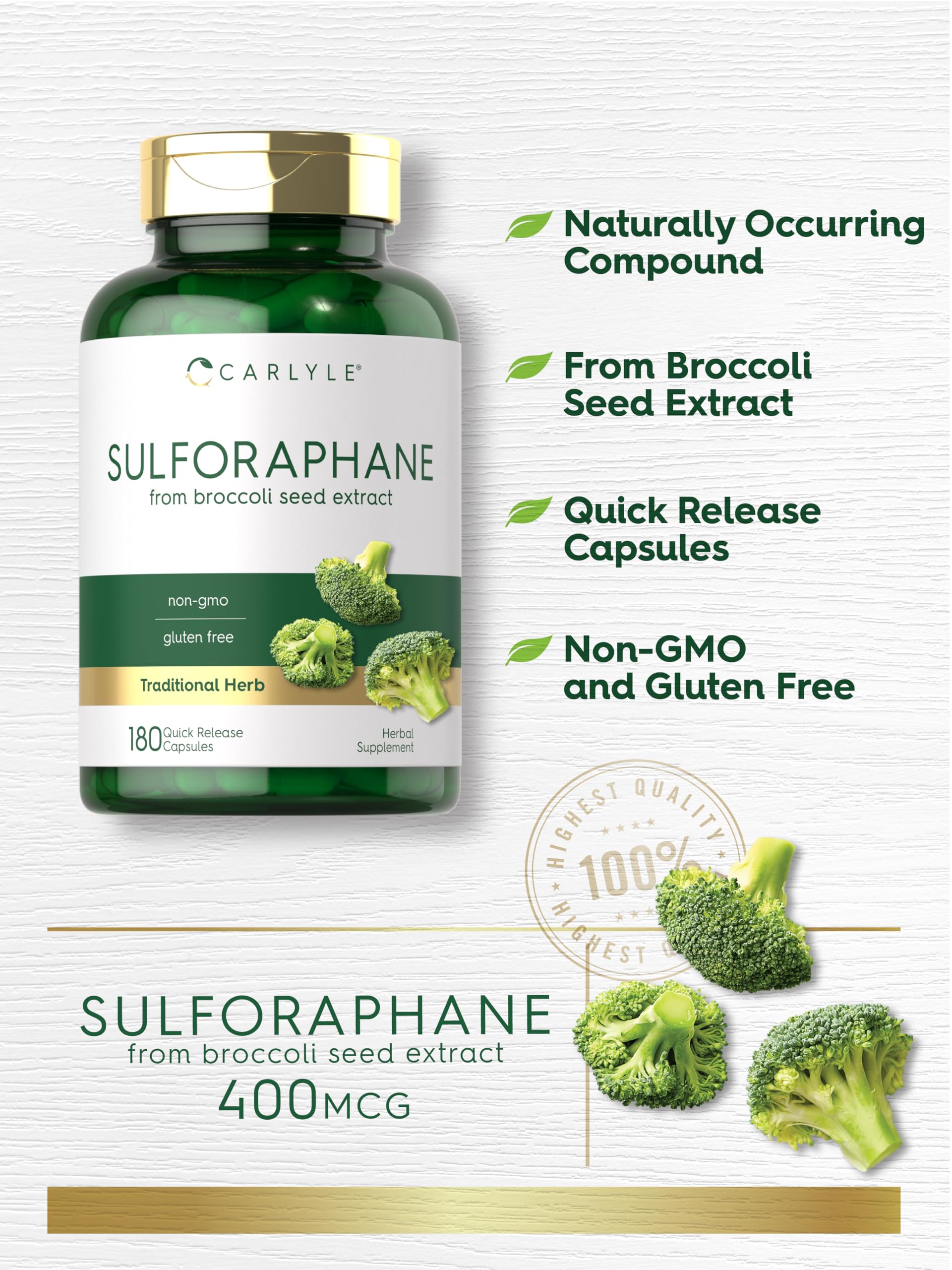 Gluten-free and non-GMO seal on Carlyle Sulforaphane packaging