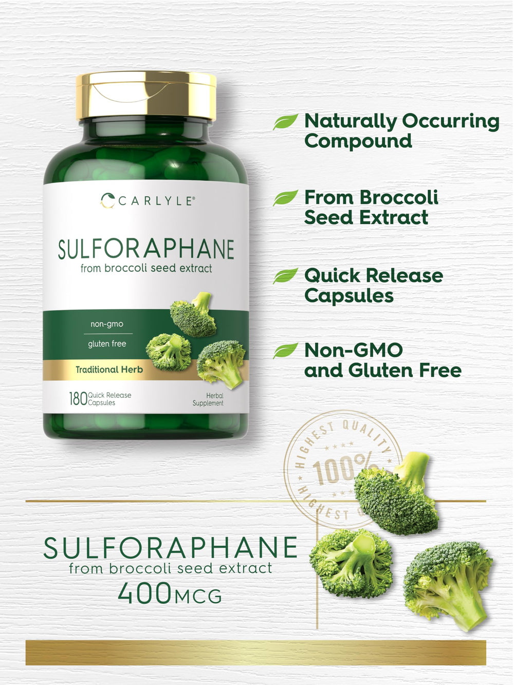 Gluten-free and non-GMO seal on Carlyle Sulforaphane packaging