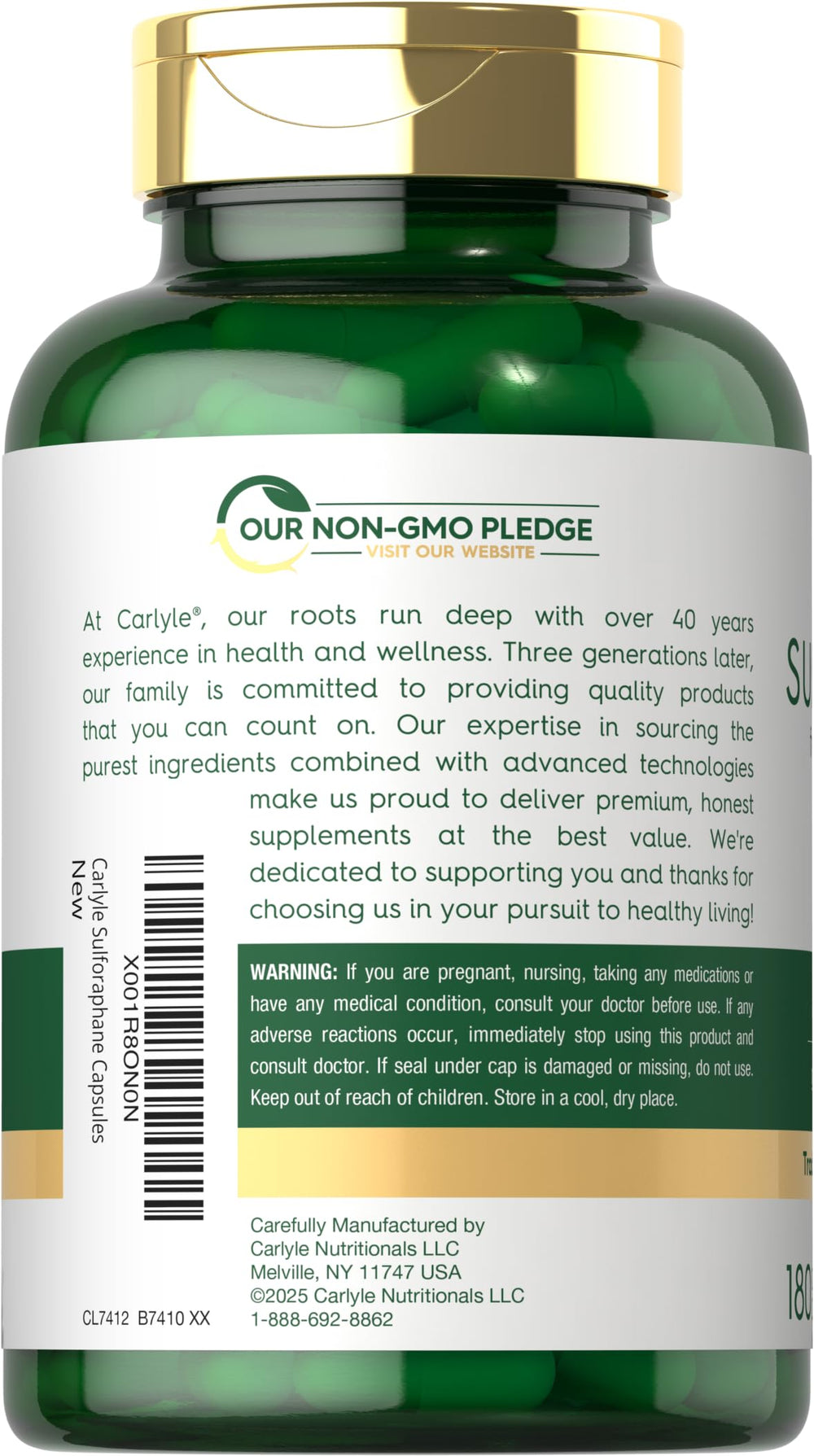 Ingredients panel on Carlyle Sulforaphane box highlighting potency