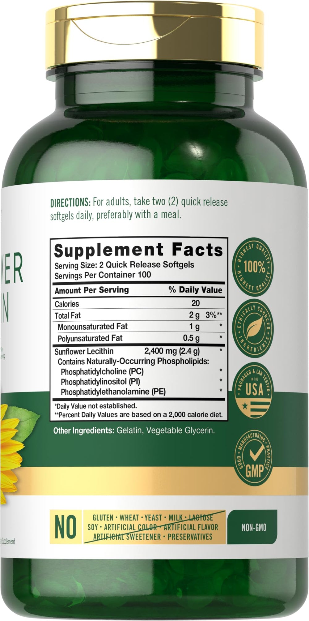 Label close-up shows non-GMO, gluten-free, soy-free Carlyle lecithin softgels