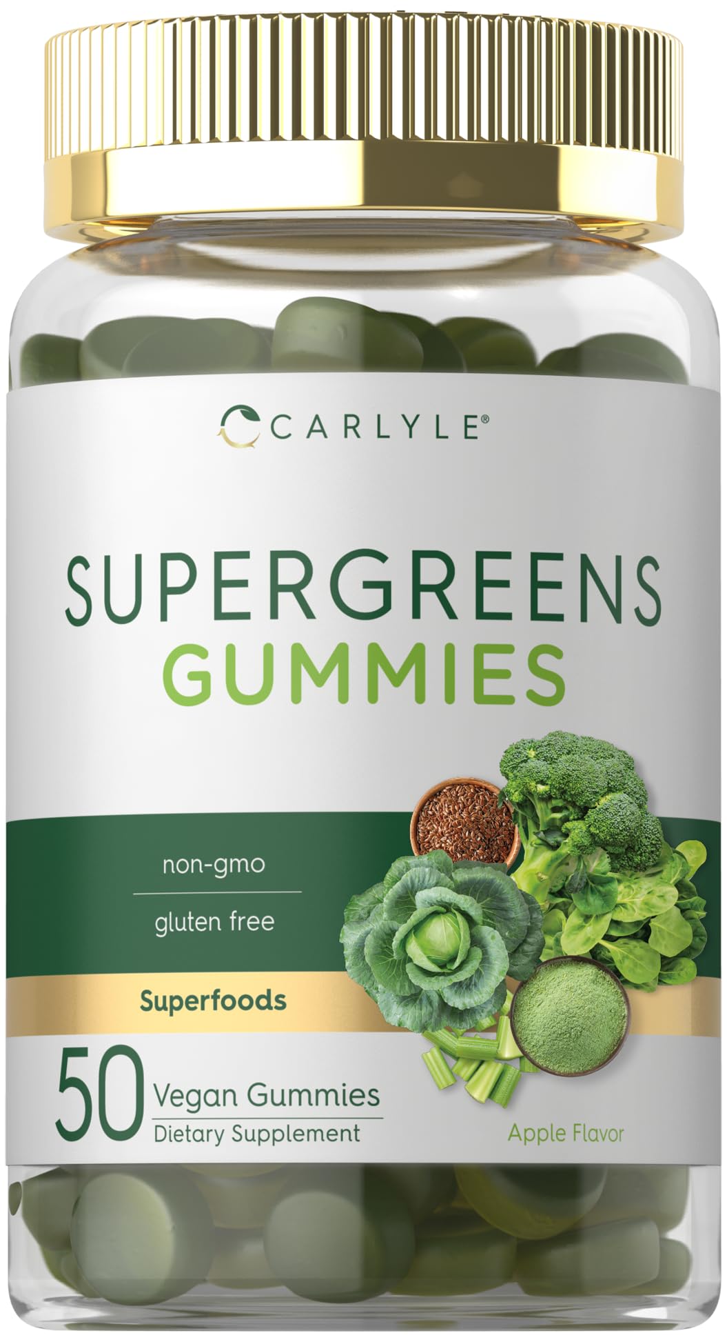 Carlyle Supergreens Gummies bottle with apple flavor for a tasty greens boost.