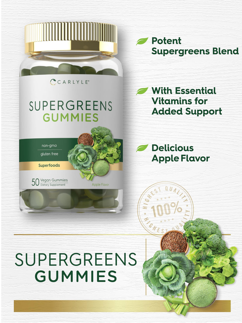 Vegan, non-GMO Carlyle Supergreens label highlighting gluten-free assurance.