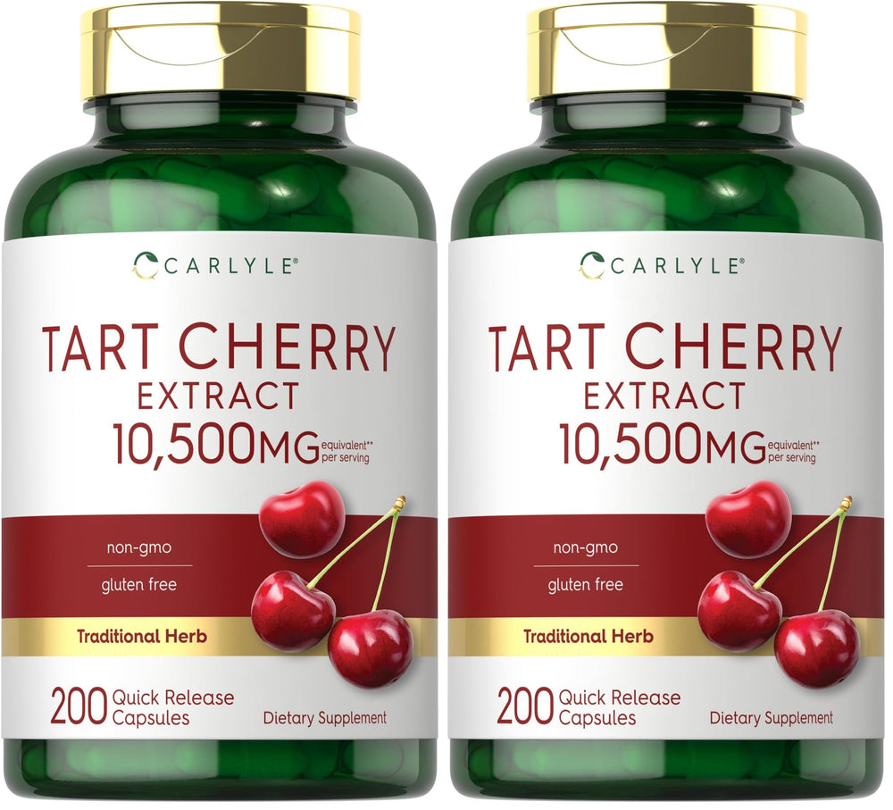 Carlyle Tart Cherry capsules bottle front shows high-potency formula for daily wellness.