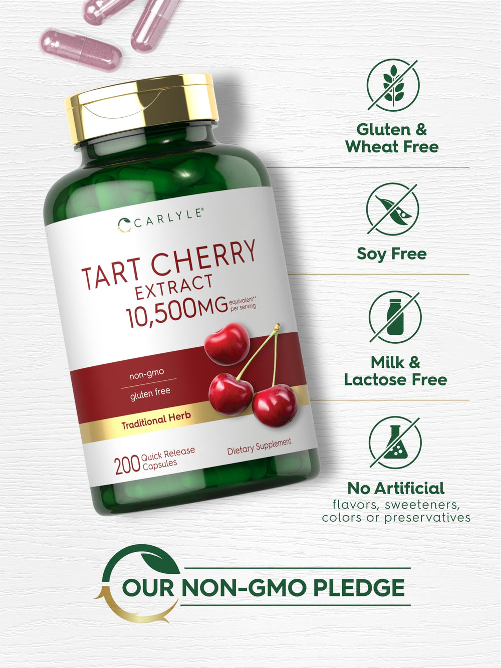 Carlyle Tart Cherry Capsules packaging, premium bottle and label design.