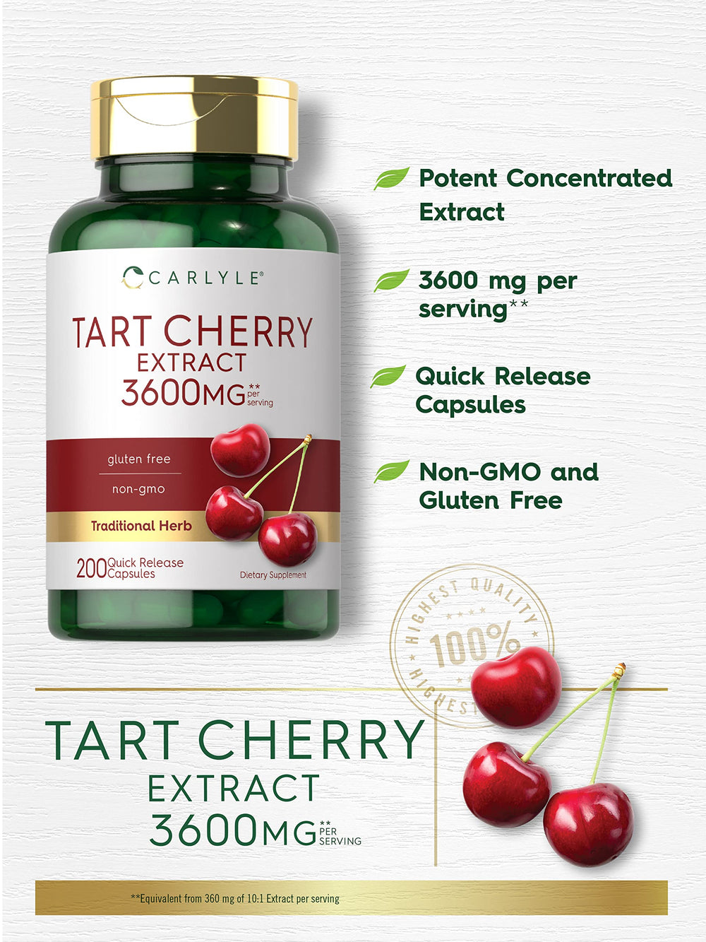 Carlyle Tart Cherry Extract Capsules pouring from bottle for convenient daily use.
