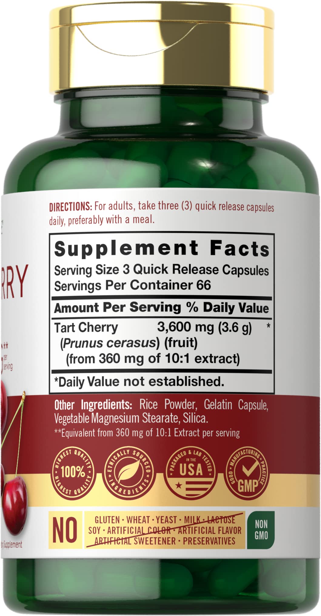 Carlyle Tart Cherry Extract label close-up showing traditional herb formula