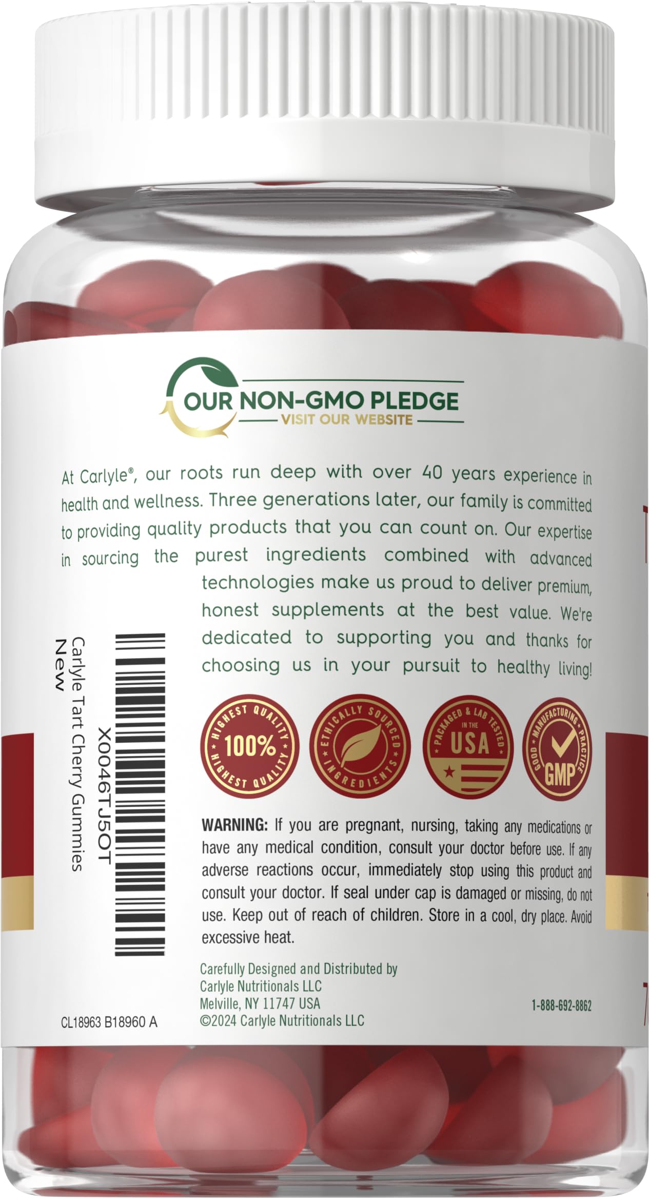 Carlyle Tart Cherry Gummies serving near a glass, convenient daily option.