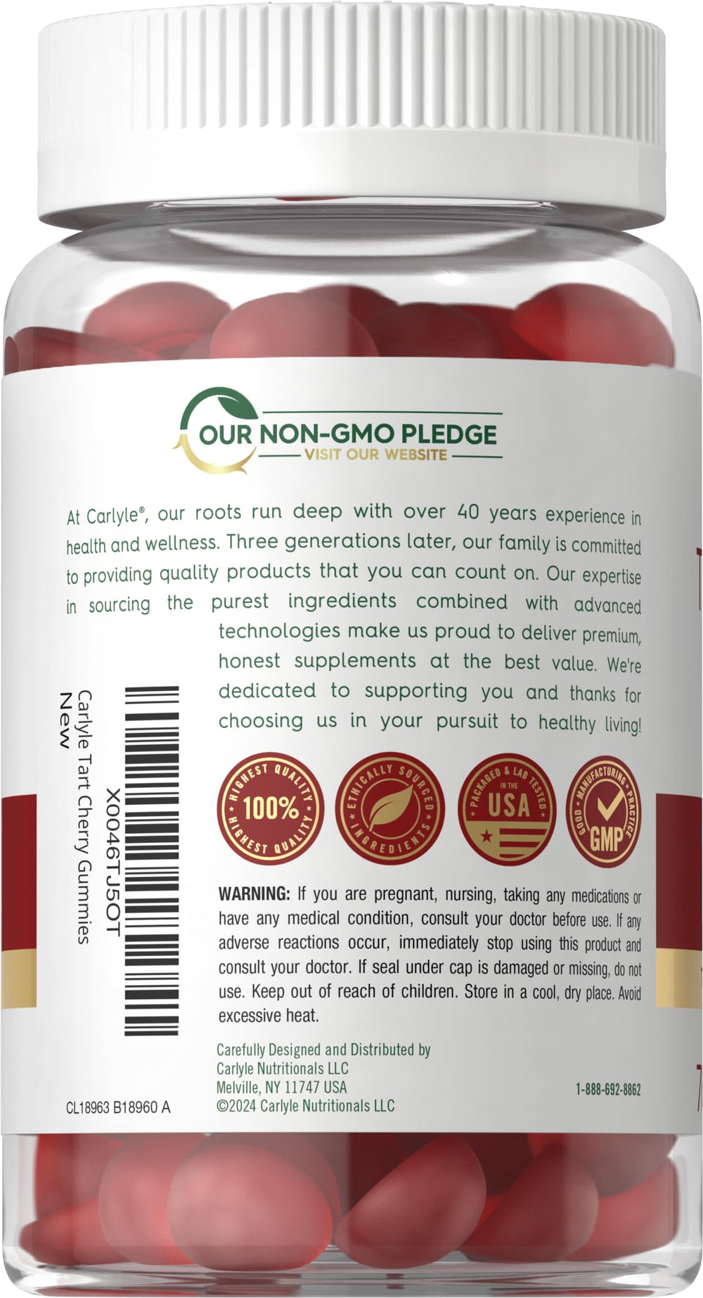 Carlyle Tart Cherry Gummies serving near a glass, convenient daily option.