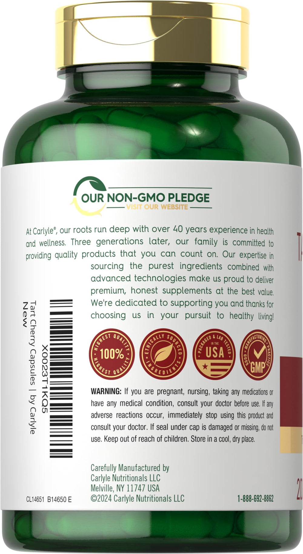 Carlyle Tart Cherry label view emphasizes non-GMO, gluten-free integrity.