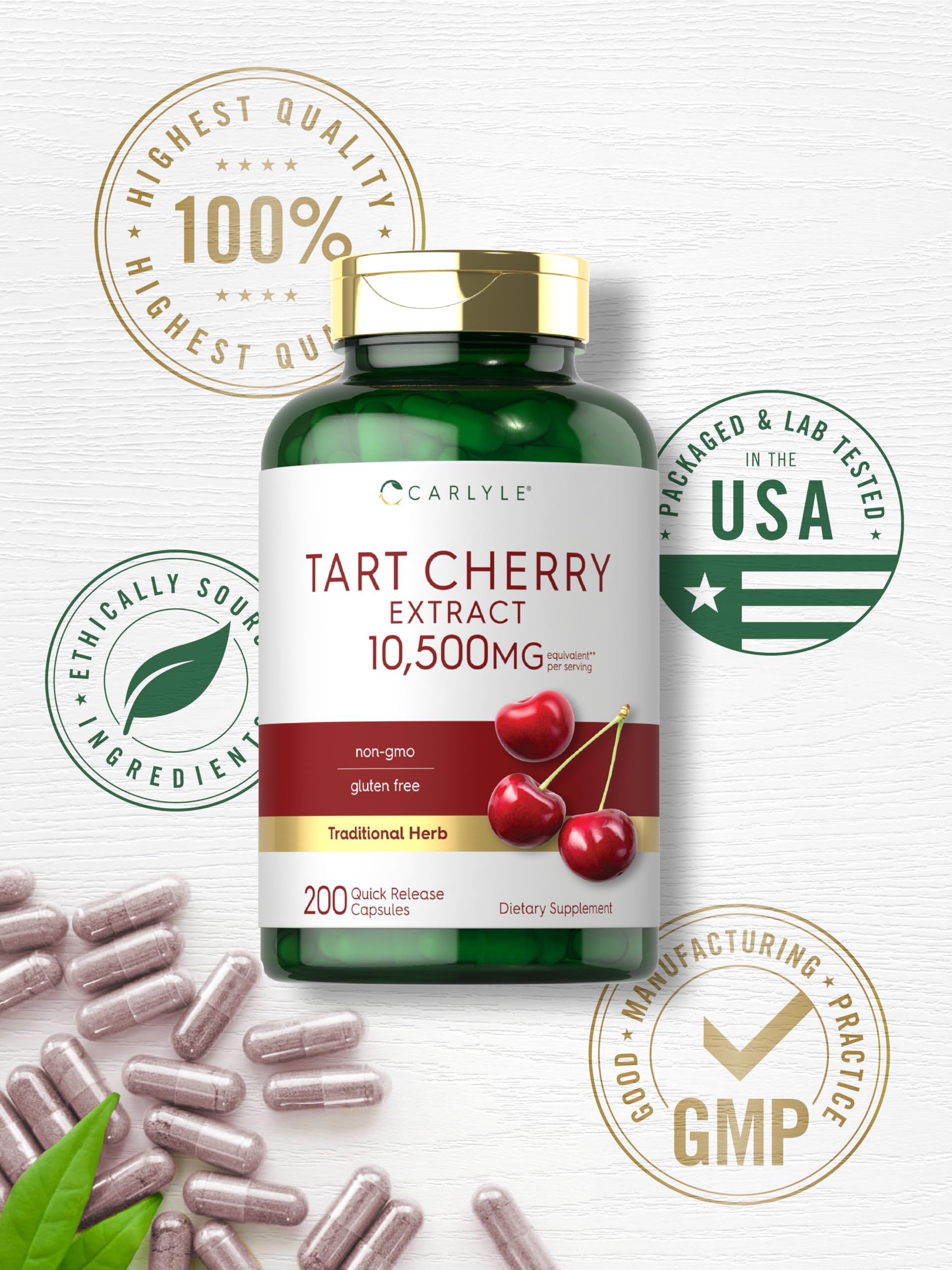 Carlyle Tart Cherry quick-release capsules illustrated for easy dosing.