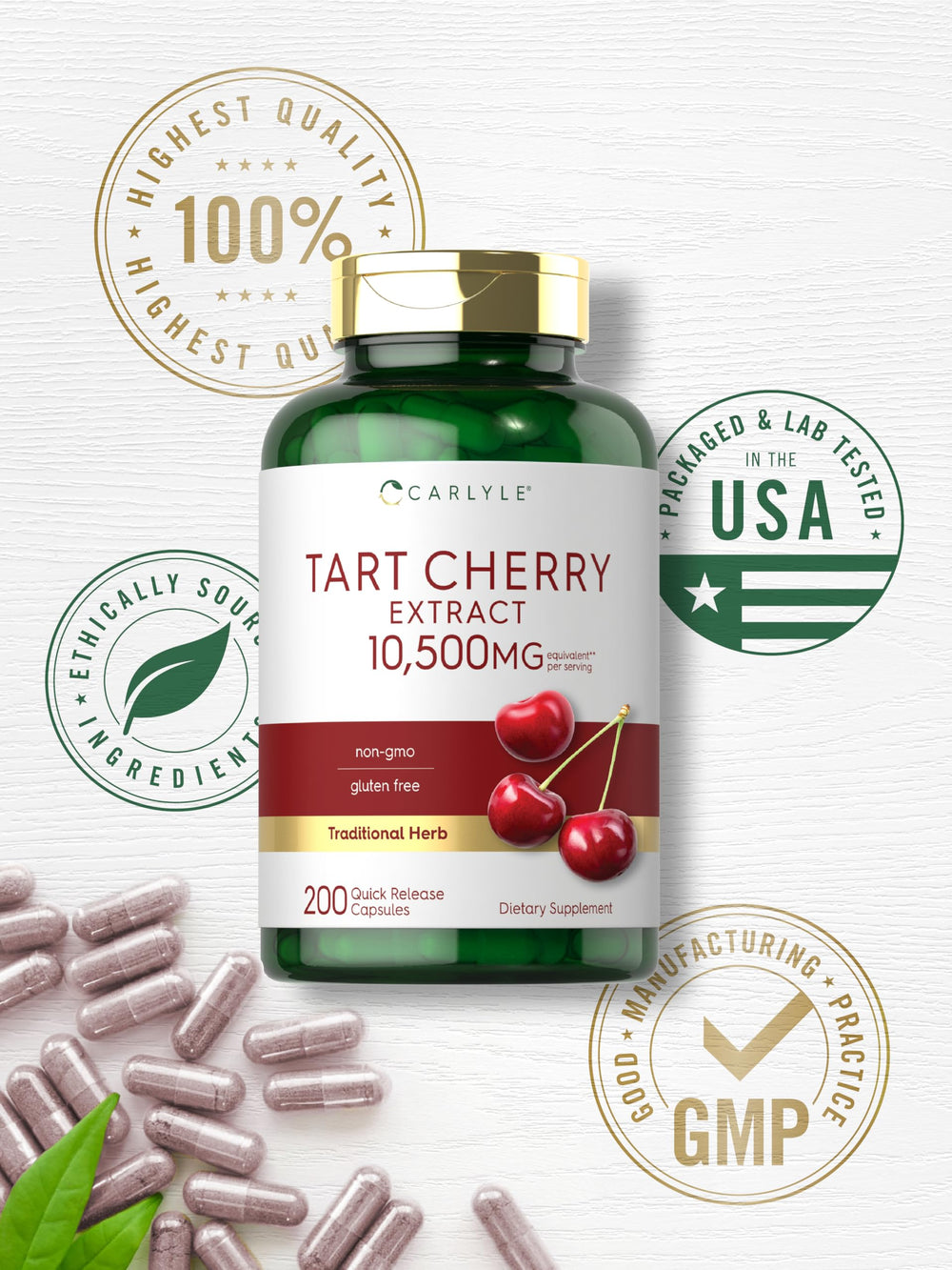 Carlyle Tart Cherry quick-release capsules illustrated for easy dosing.