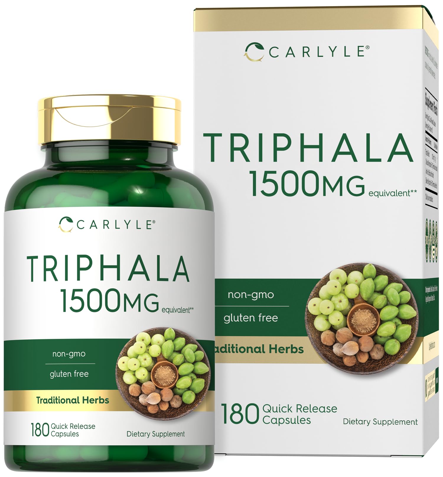 Carlyle Triphala bottle front showcasing gluten-free herbal supplement for daily wellness.