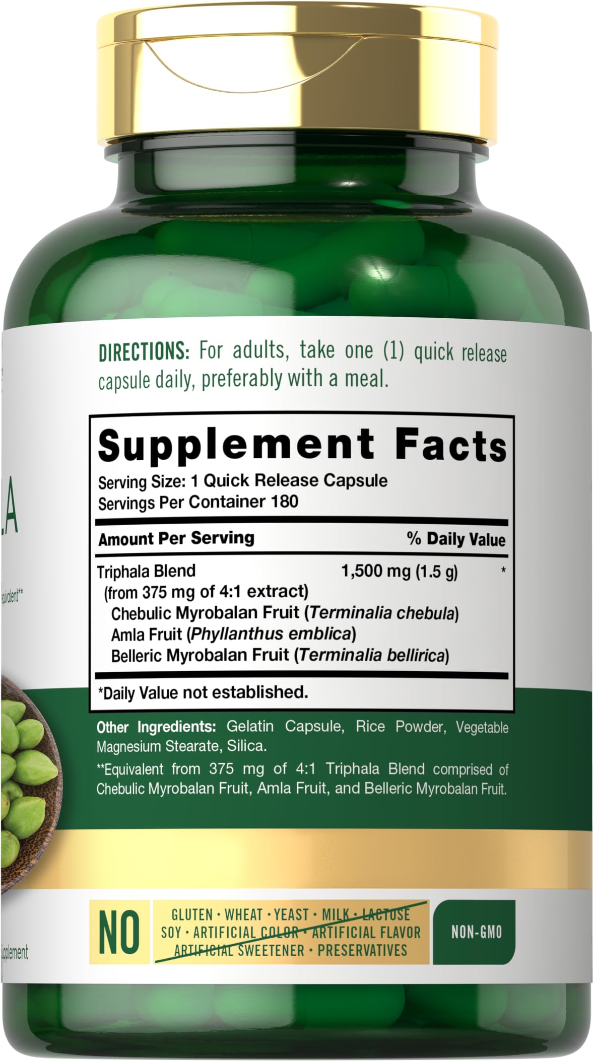 Carlyle Triphala capsules close-up highlighting Haritaki, Bibhitaki, and Amla blend.