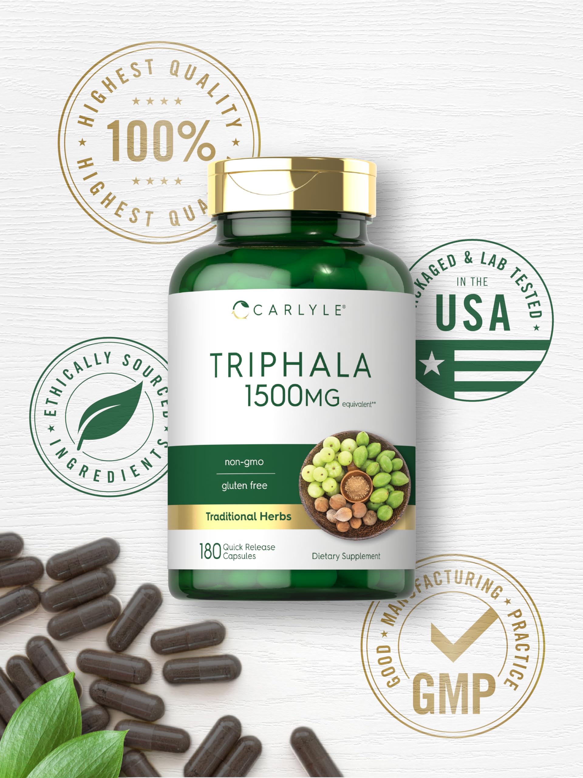 Carlyle Triphala dispensing caps shown for easy quick-release capsule use.