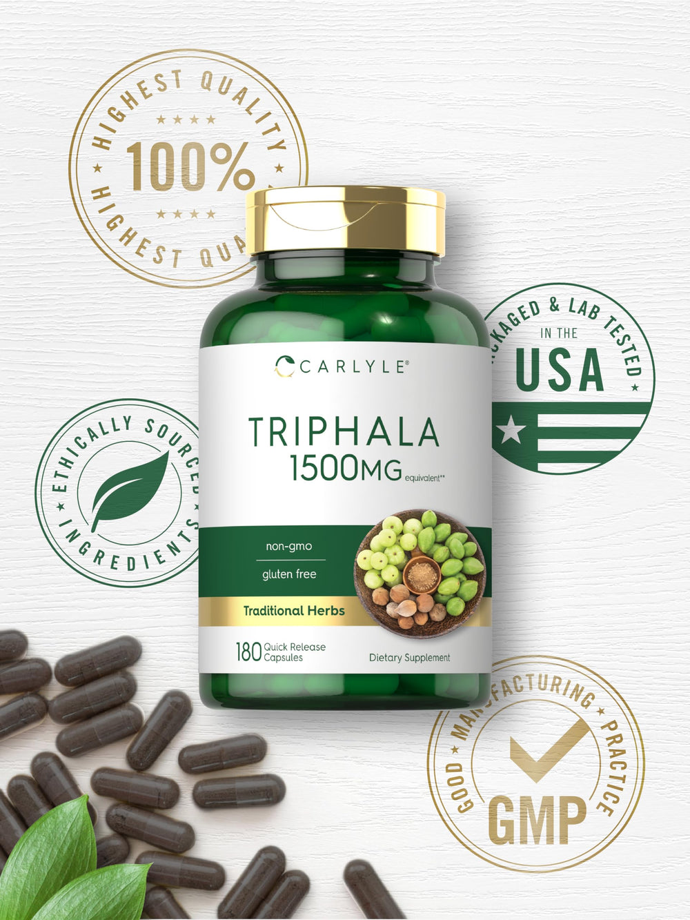Carlyle Triphala dispensing caps shown for easy quick-release capsule use.