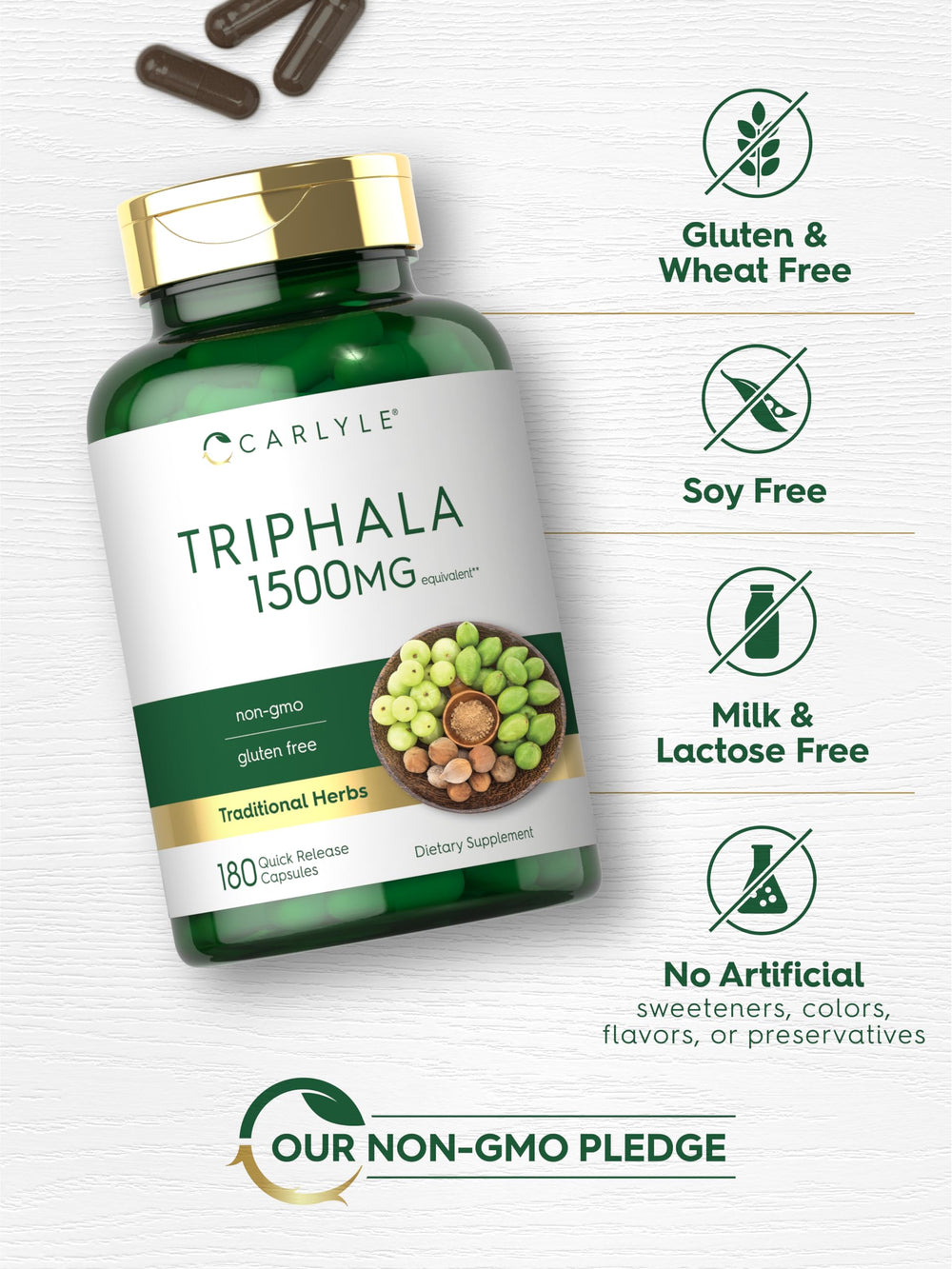 Carlyle Triphala glass bottle on bright surface emphasizes premium wellness packaging.