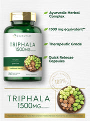 Carlyle Triphala label detail reveals quality ingredients and non-GMO promise.