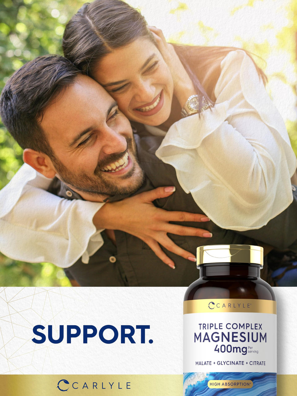 Carlyle magnesium bottle beside a glass of water, suggesting easy daily intake.