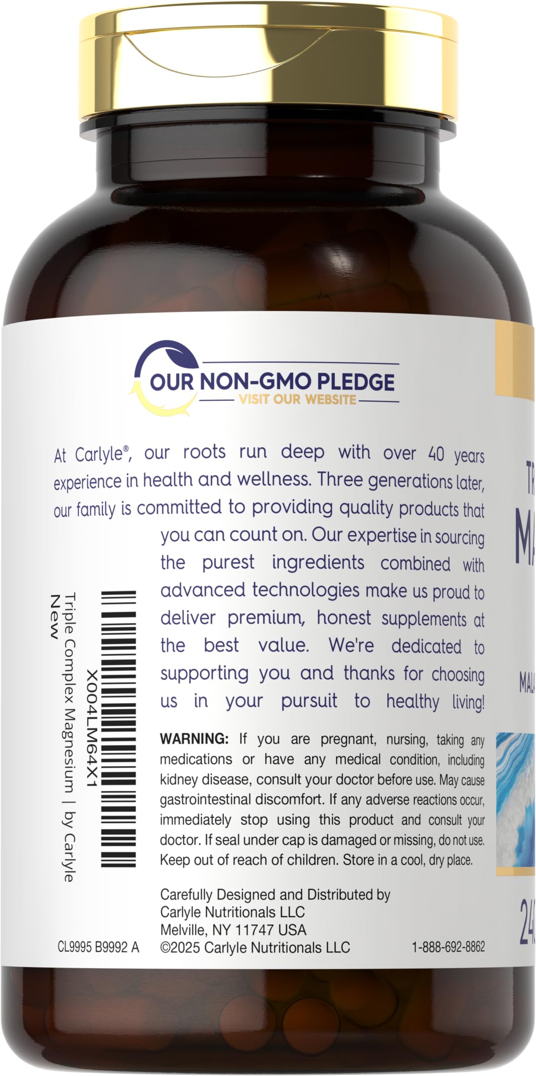 Carlyle Triple Magnesium Complex label displaying magnesium malate, glycinate, and citrate.