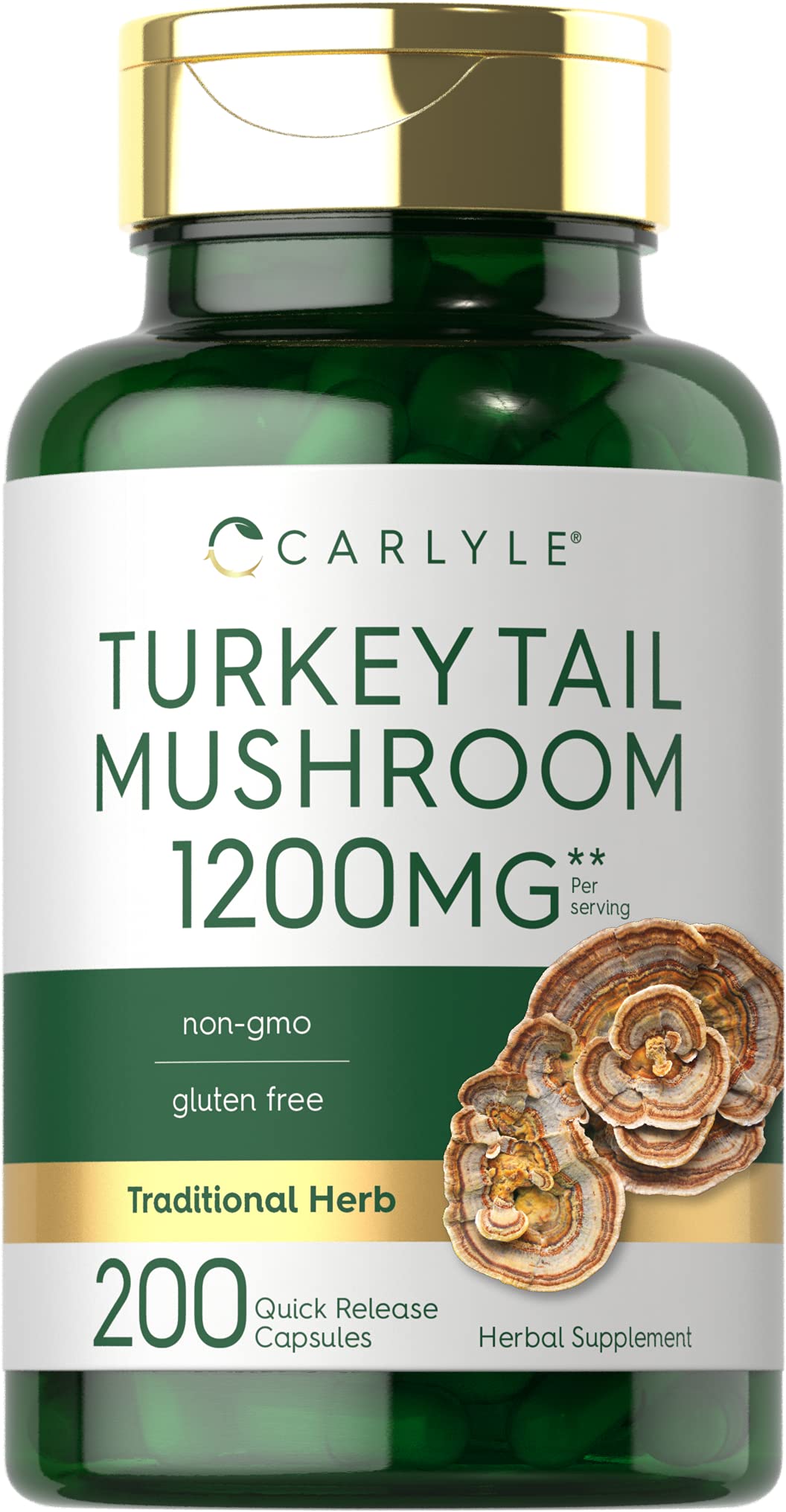 Carlyle Turkey Tail mushroom capsules bottle with high potency 1200mg for daily wellness