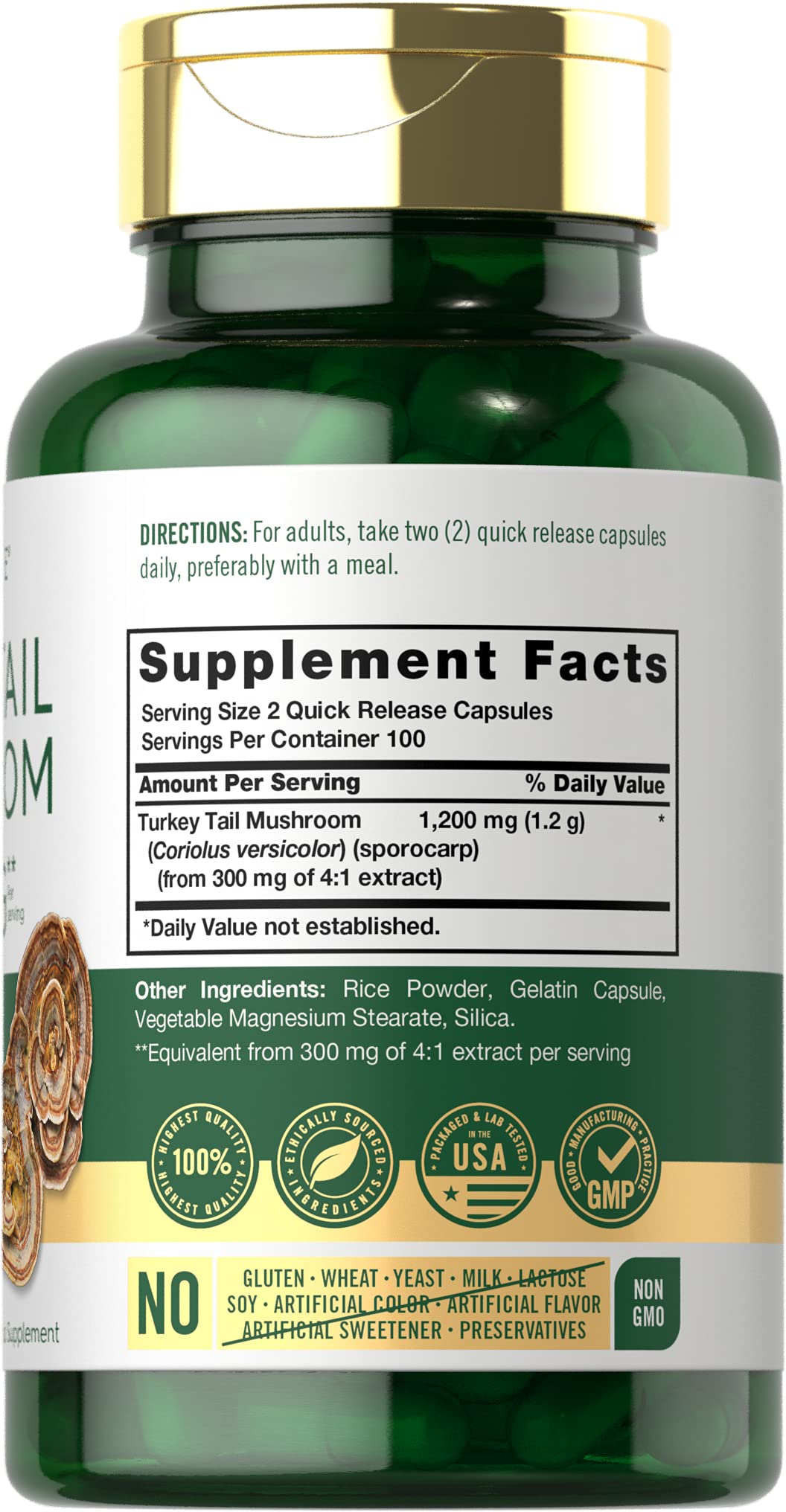 Close-up of Carlyle Turkey Tail label highlighting Non-GMO and gluten-free formulation