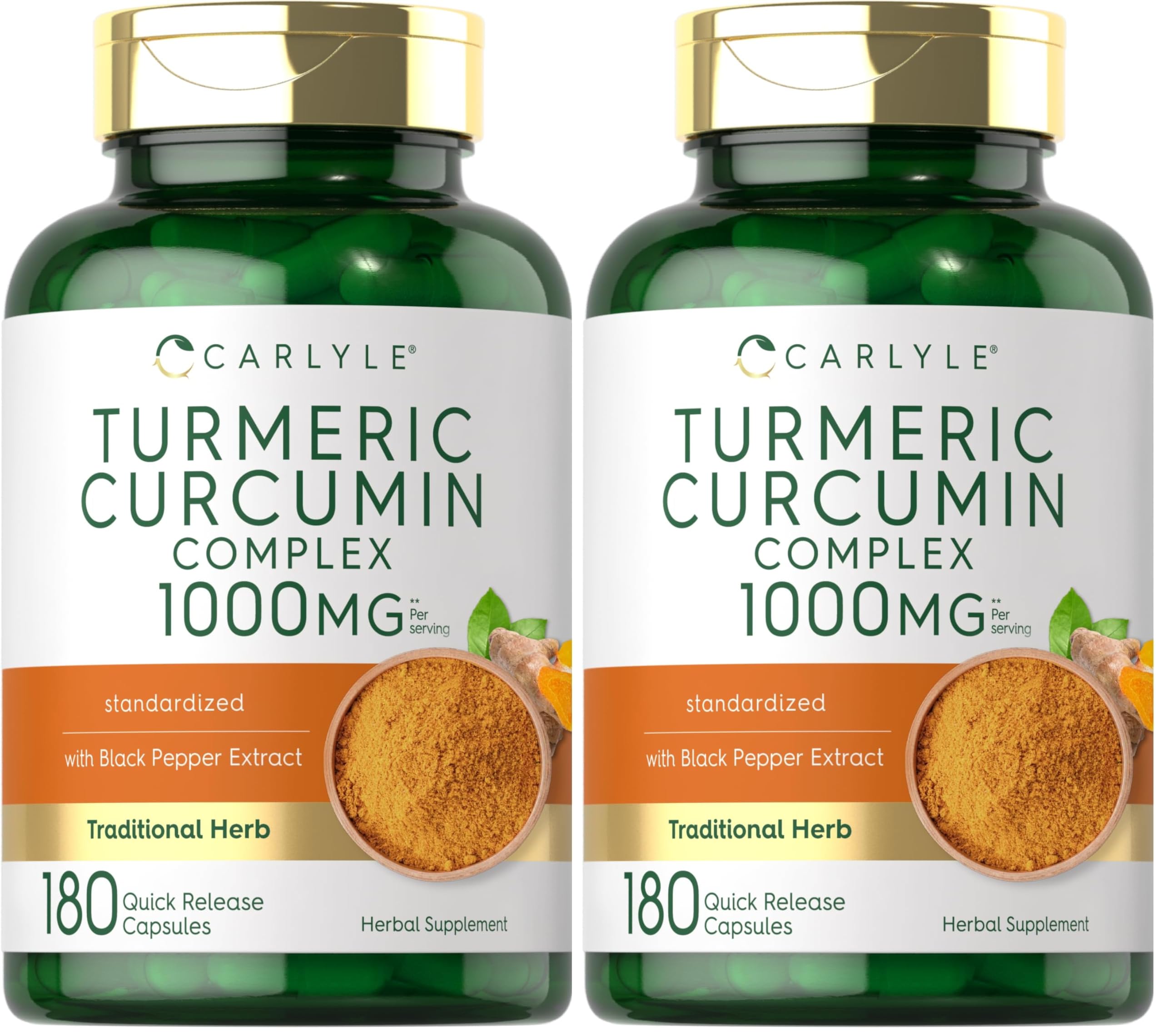Carlyle Turmeric Curcumin bottle with black pepper extract for daily supplementation.