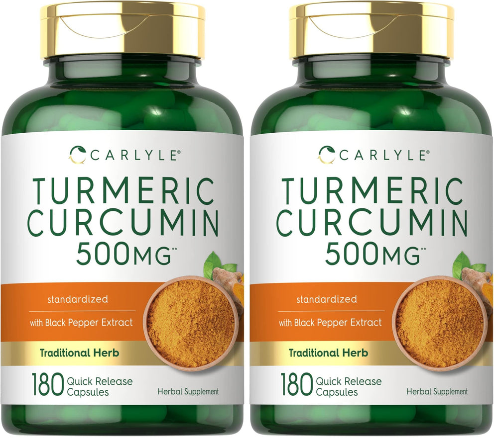 Carlyle Turmeric Curcumin bottle front prepared for daily wellness routine.