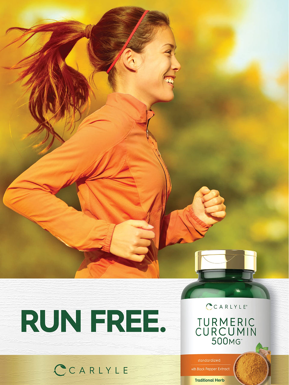 Carlyle Turmeric Curcumin bottle shown on kitchen counter for easy dosing.