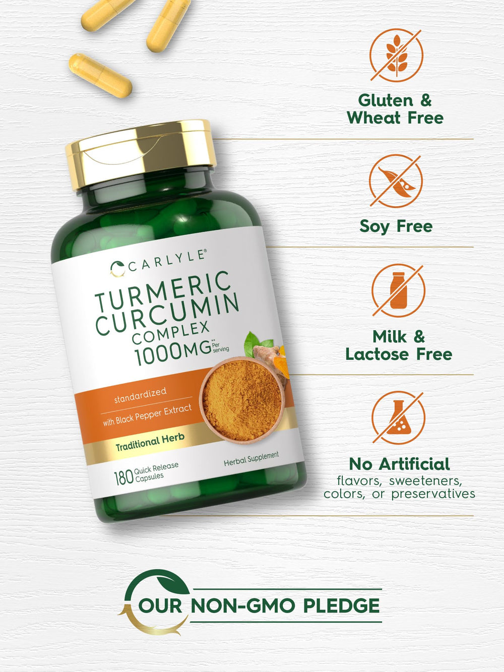 Bottle shows dosage and serving details for Carlyle Turmeric Curcumin capsules.