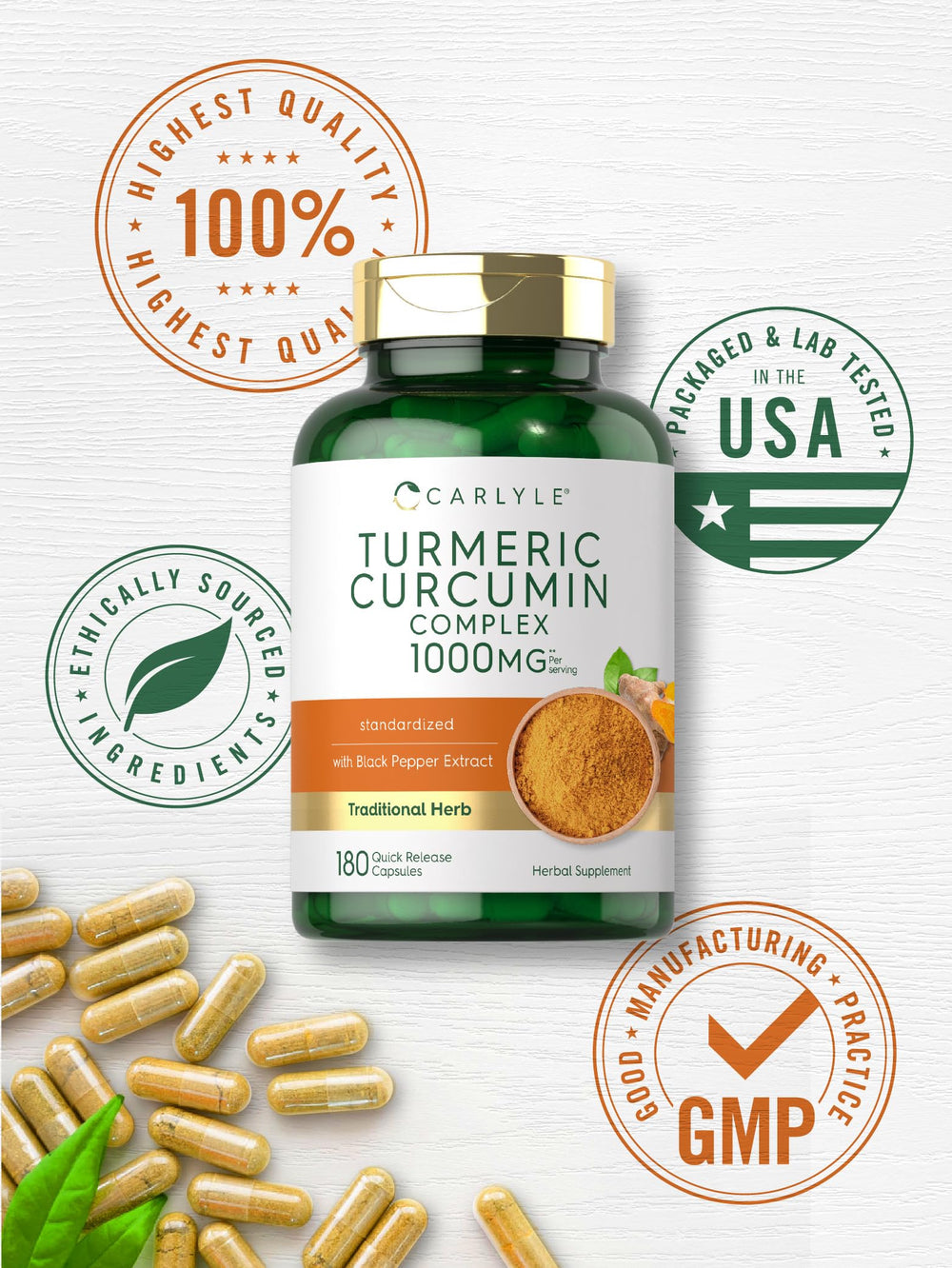Gluten-free and non-GMO icons on Carlyle Turmeric Curcumin packaging.