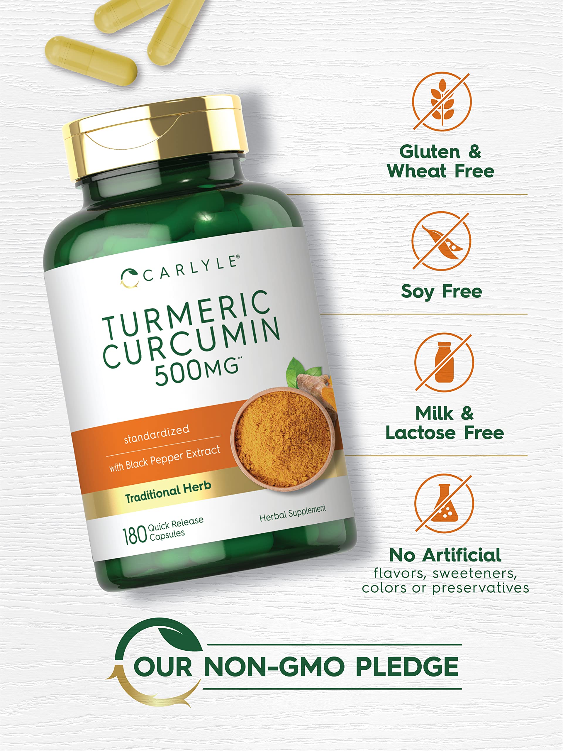 Carlyle Turmeric Curcumin packaging box highlights premium quality and per-pack information.