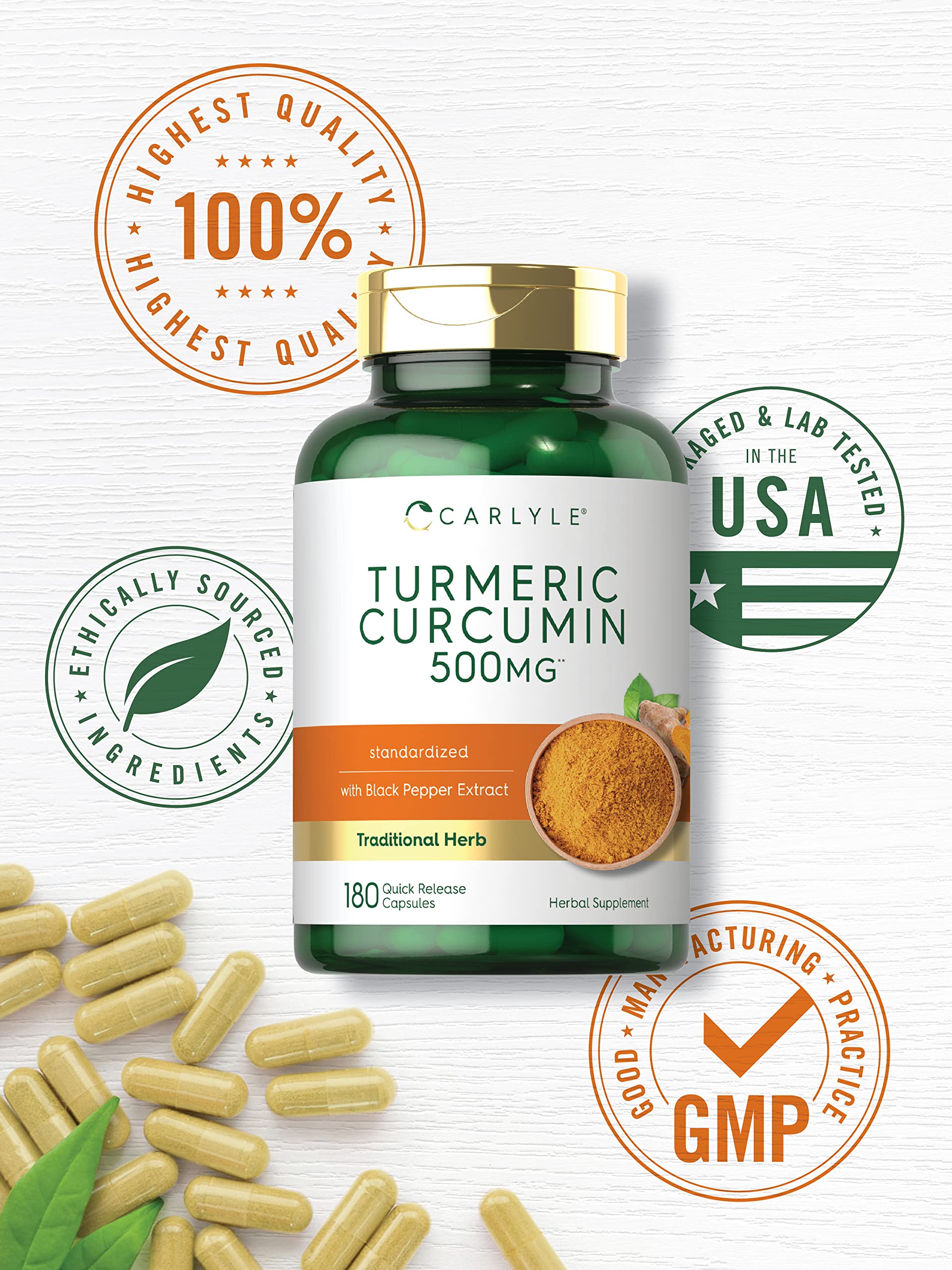 Carlyle Turmeric Curcumin bottle on a kitchen counter suggesting daily ritual use.