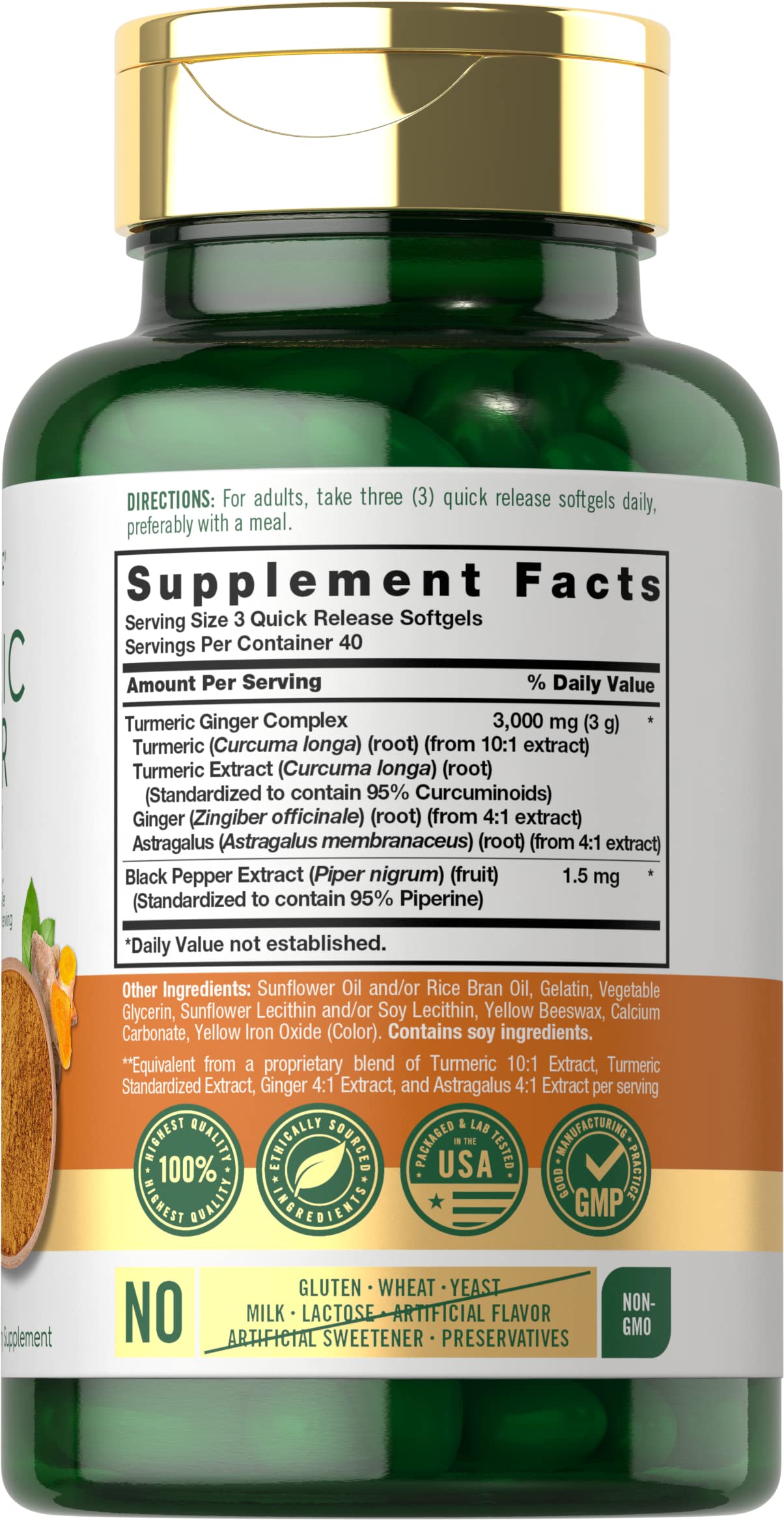 Carlyle Turmeric Ginger softgels bottle back with dosage and ingredients