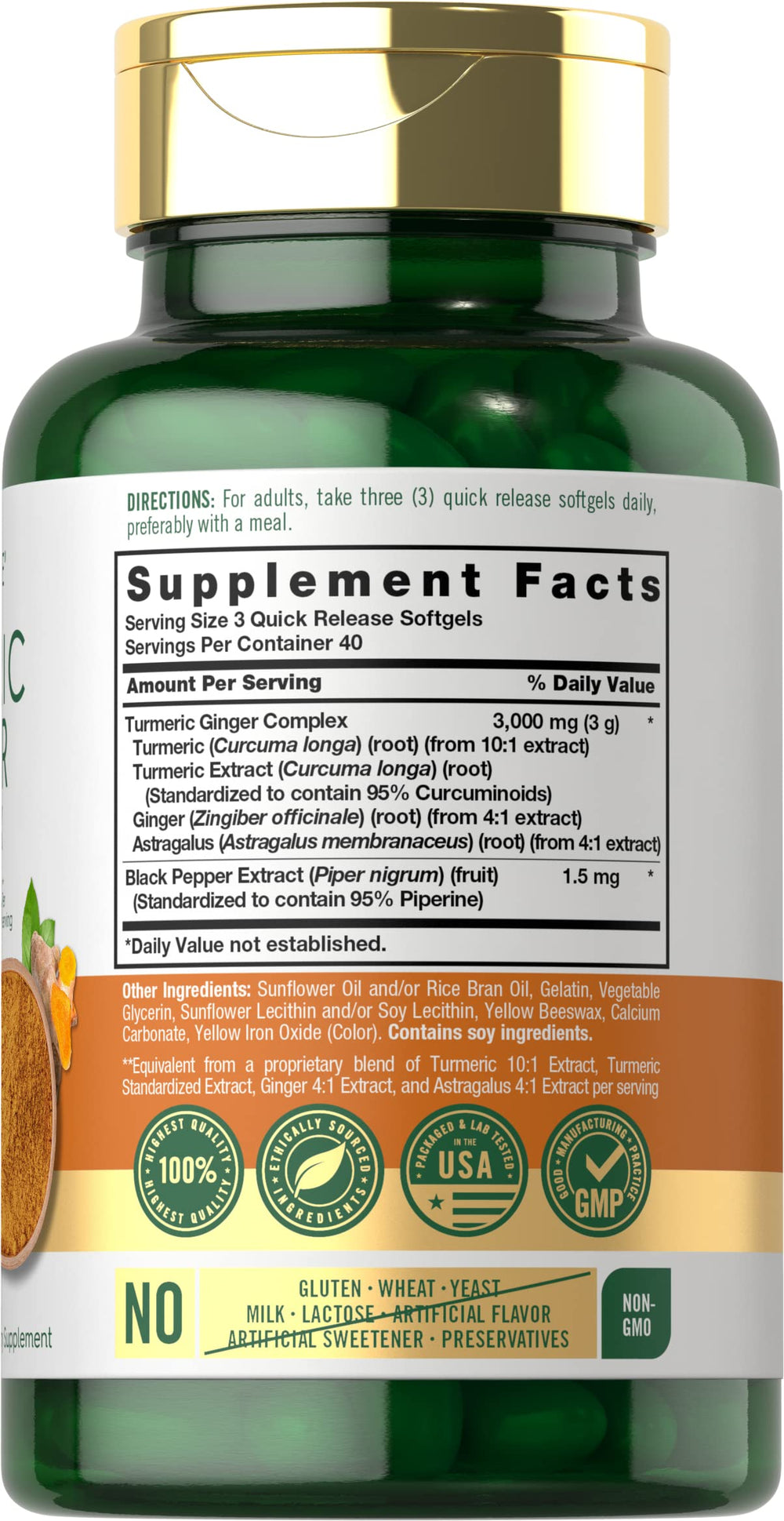 Carlyle Turmeric Ginger softgels bottle back with dosage and ingredients