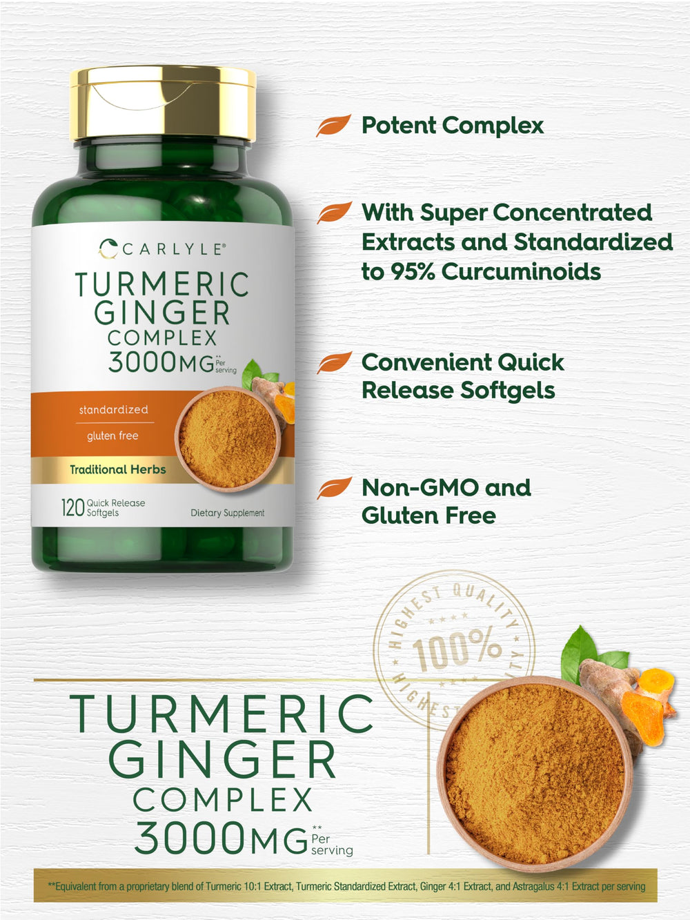 Carlyle Turmeric Ginger softgels capsules closeup highlighting 3000 mg potency