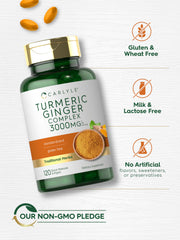 Carlyle Turmeric Ginger softgels packaging box showing gluten-free and non-GMO claim