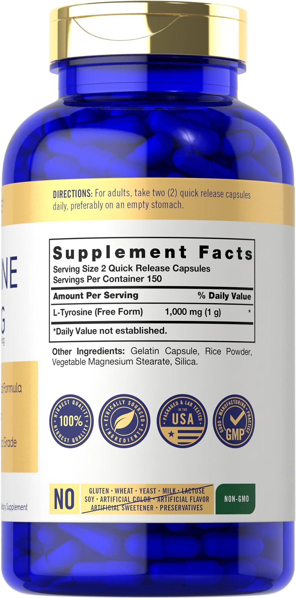 Carlyle Tyrosine capsules close-up showing 1000 mg per serving.