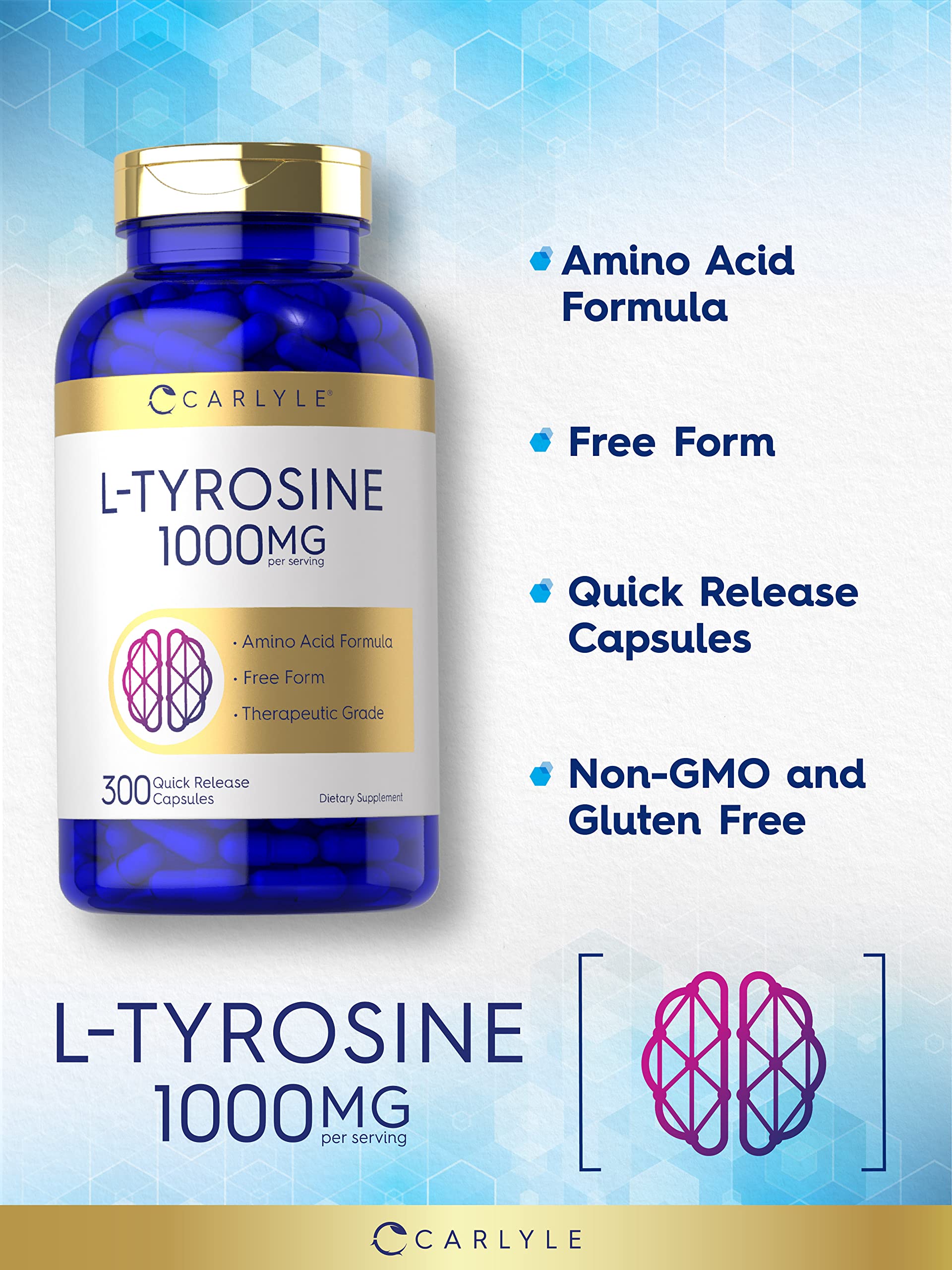 Carlyle Tyrosine label detail highlighting non-GMO and gluten-free formula.